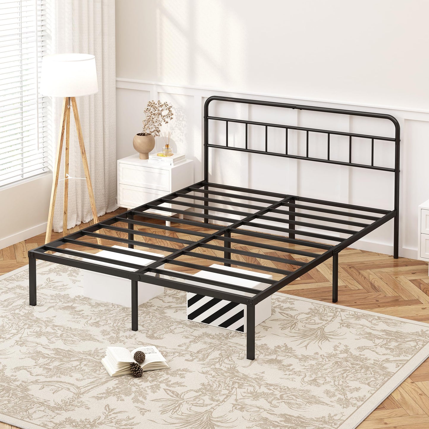 Kujielan 12 inches Queen Size Bed Frame with Minimalist headboard,Metal Platform Base with Strong Metal Slats,Mattress Foundation for Under Bed Storage,Easy Assembly,Black