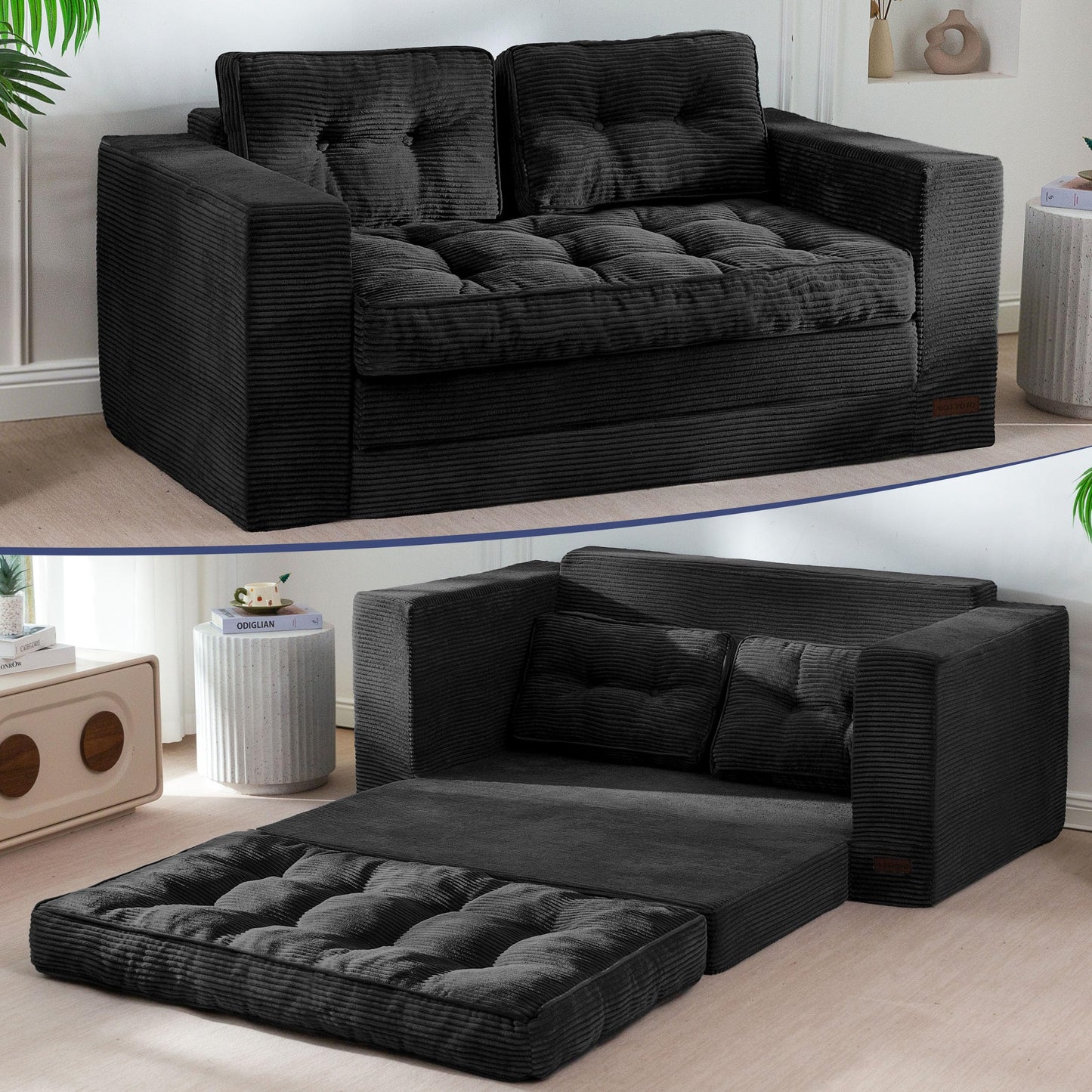 MAXYOYO Convertible Sofa Bed, Pull Out Loveseat Sofa Couch, 2 in 1 Folding Couch Bed, Fold Out Floor Couch with Pillows for Living Room Bedroom Lounge, Black