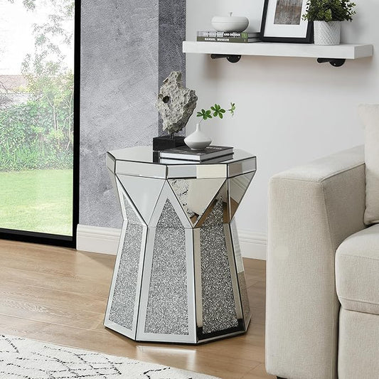 Drum End Table with Mirror Crystal, Modern Design Luxury Furniture, 20 inch