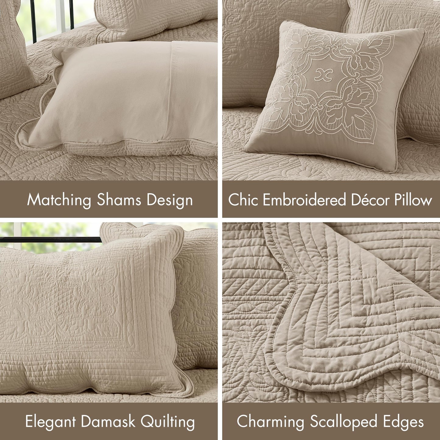 Madison Park Daybed Cover Set Damask Quilted Cover for Daybeds, All Season, Pre-Washed Cotton-Filled Coastal Bedding with Scallop Edge, Shams, Bedskirt, Décor Pillows, Tuscany, Daybed Khaki 6 Piece
