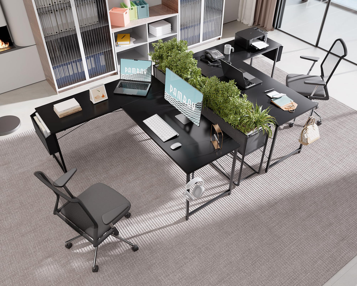 Pamray 64.5 Inch Reversible L Shaped Gaming Desk Large Corner Computer Desk with Storage Bag Home Office Table for Writing Study Black