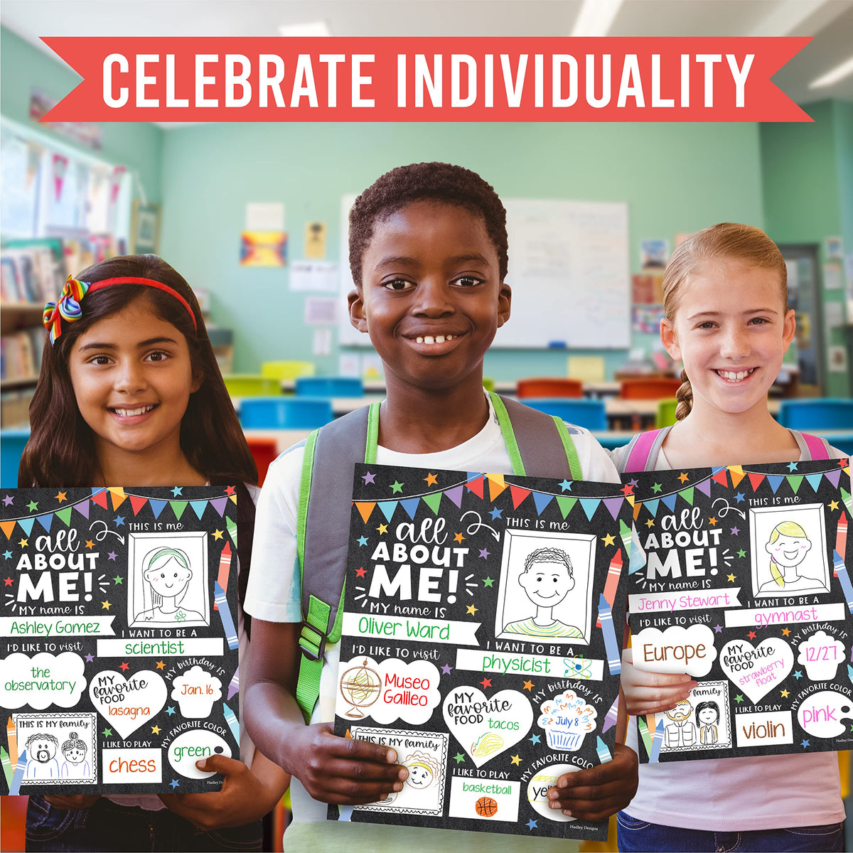 Hadley Designs All About Me Posters for Classroom Must Haves - 20 Star Student Poster, 100 Days of School Items, Star of The Week Poster Elementary Classroom Decor, End of School Year Teacher Supplies