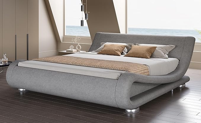 SHA CERLIN Full Size Upholstered Bed Frame, Deluxe Low Profile Sleigh Bed