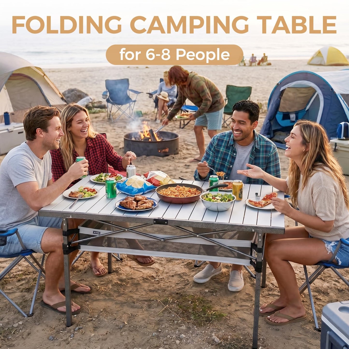 KingCamp Folding Camping Table, Aluminum Roll-Up Camp Table, Large Foldable Table for 6-8 Person, Outdoor Portable Tables with Carry Bag, 180 LBS Heavy Duty Load (Silver+Mesh：53.5" × 27.5")