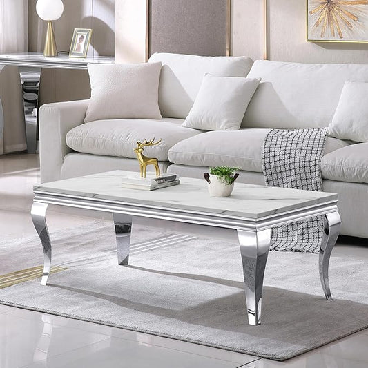 Henf 47" Modern White Faux Marble Coffee Table