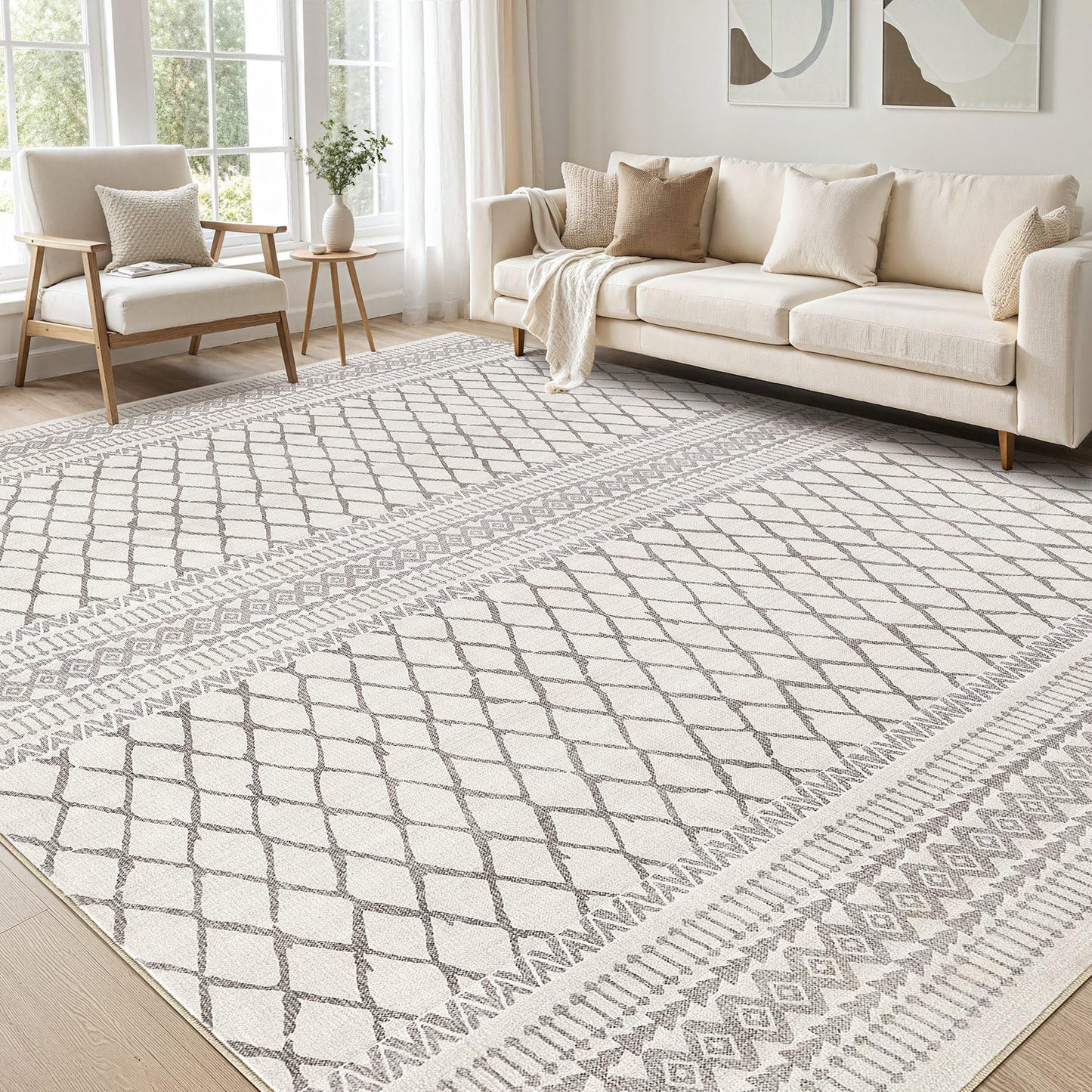 cotiled 5x7 Area Rugs Living Room Rug: Washable Boho Rugs with Non Slip Backing Large Soft Indoor Stain Resistant Carpet for Bedroom Farmhouse Dining Room Lightweight Home Decor Beige/Gray