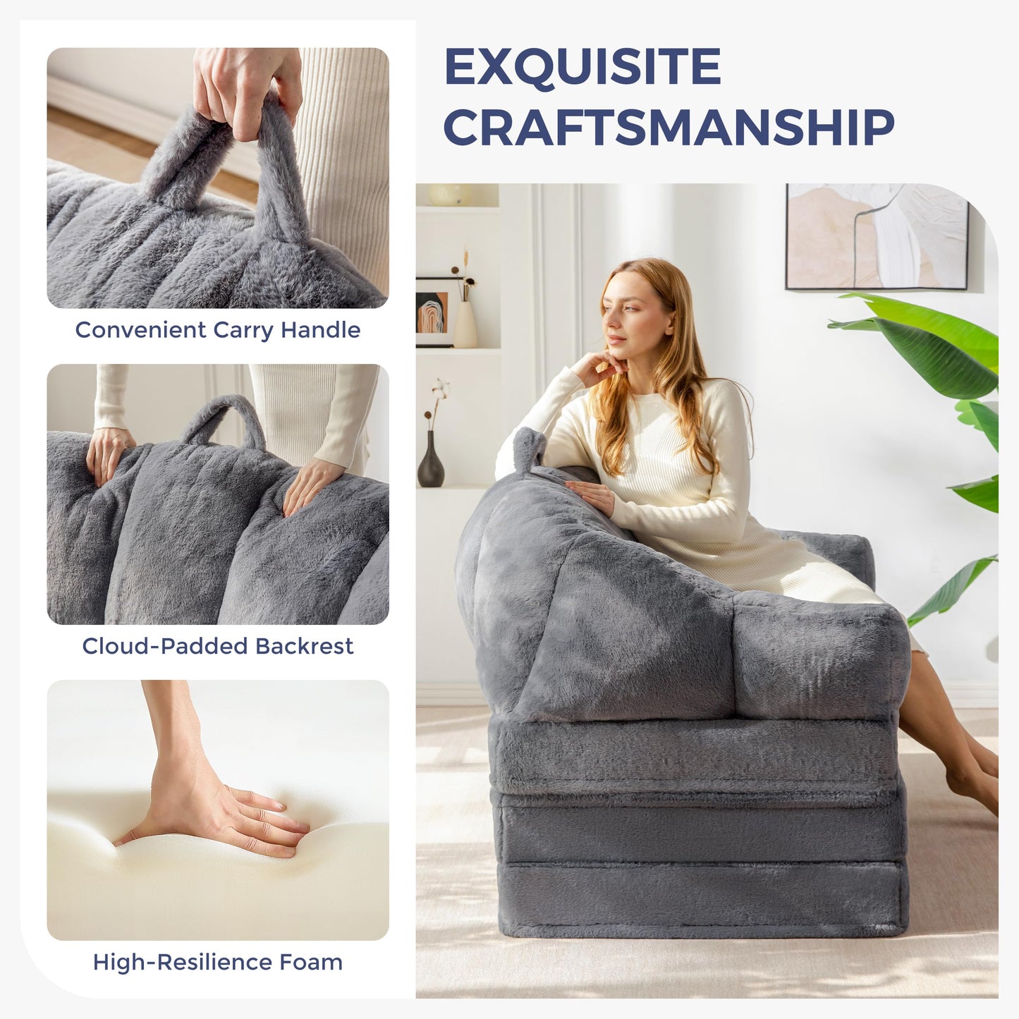 MAXYOYO Folding Sofa Bed, 2 in 1 Convertible Sofa to Lounger Comfy Loveseat Bean Bag Chair for Adults, Floor Couch with Handle, Faux Fur Couch Bed for Living Room Bedroom, Grey, Loveseat