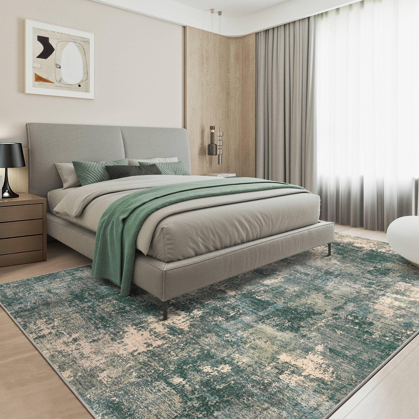 TARANCH Abstract 10x14 Area Rug: Machine Washable Non Slip Ultra Thin Low-Pile Carpet, Soft Stain Resistant for Living Dining Room Bedroom, Kid Pet Friendly, Robot Vacuum Compatible - Dark Green/Beige