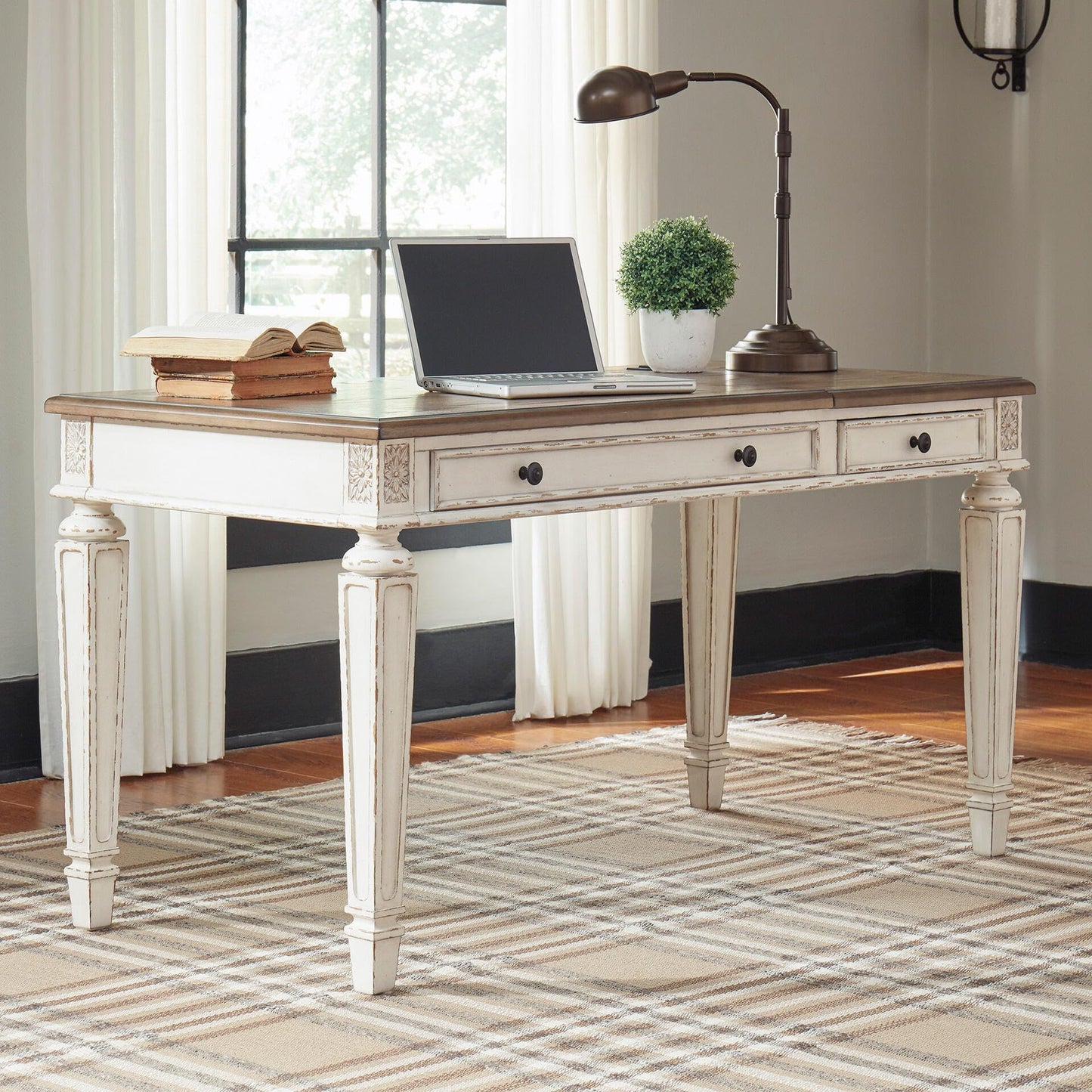 Signature Design by Ashley Realyn Farmhouse Home Office Desk, 2 Drawers, Drop-down Drawer, USB Charging, Wood, 60" W x 28" D x 31" H, Chipped White and Brown