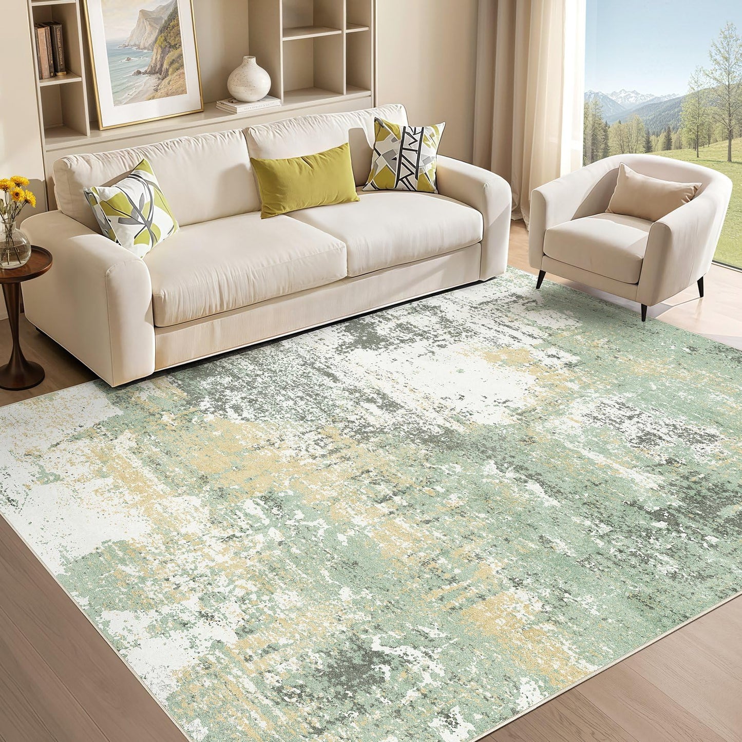 Micgeek Area Rug Living Room - 8X10 Abstract Washable Large Soft Foldable Non Slip Rug Neutral Modern Low Pile Carpet for Bedroom Nursery Dining Room Farmhouse Home Office Indoor - Green