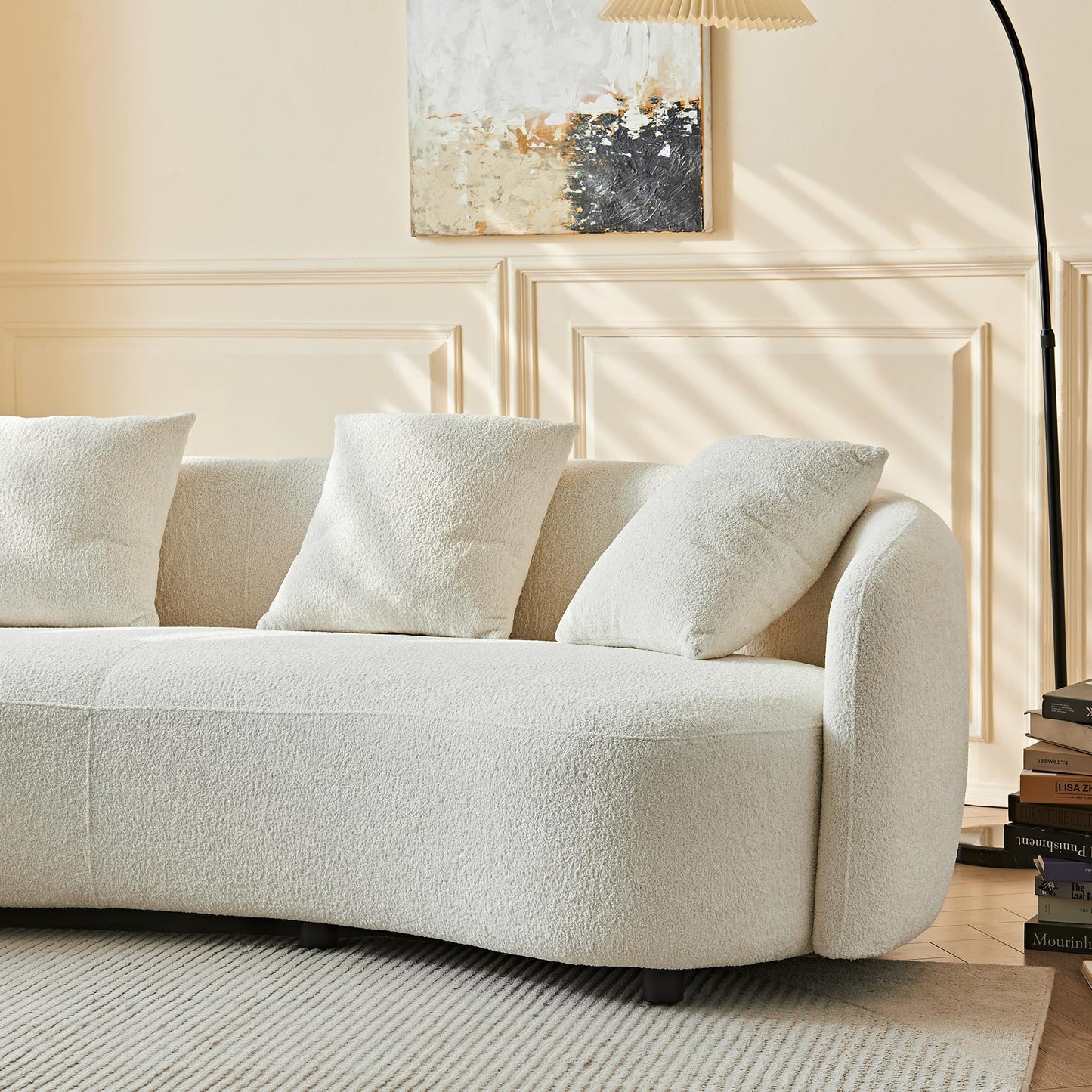 BBTJ0INT Half Moon Sofa, Curved Design Off-White Boucle Upholstered Couch for Modern Living Room, Comfy Chaise Sofa with 2 Throw Pillows