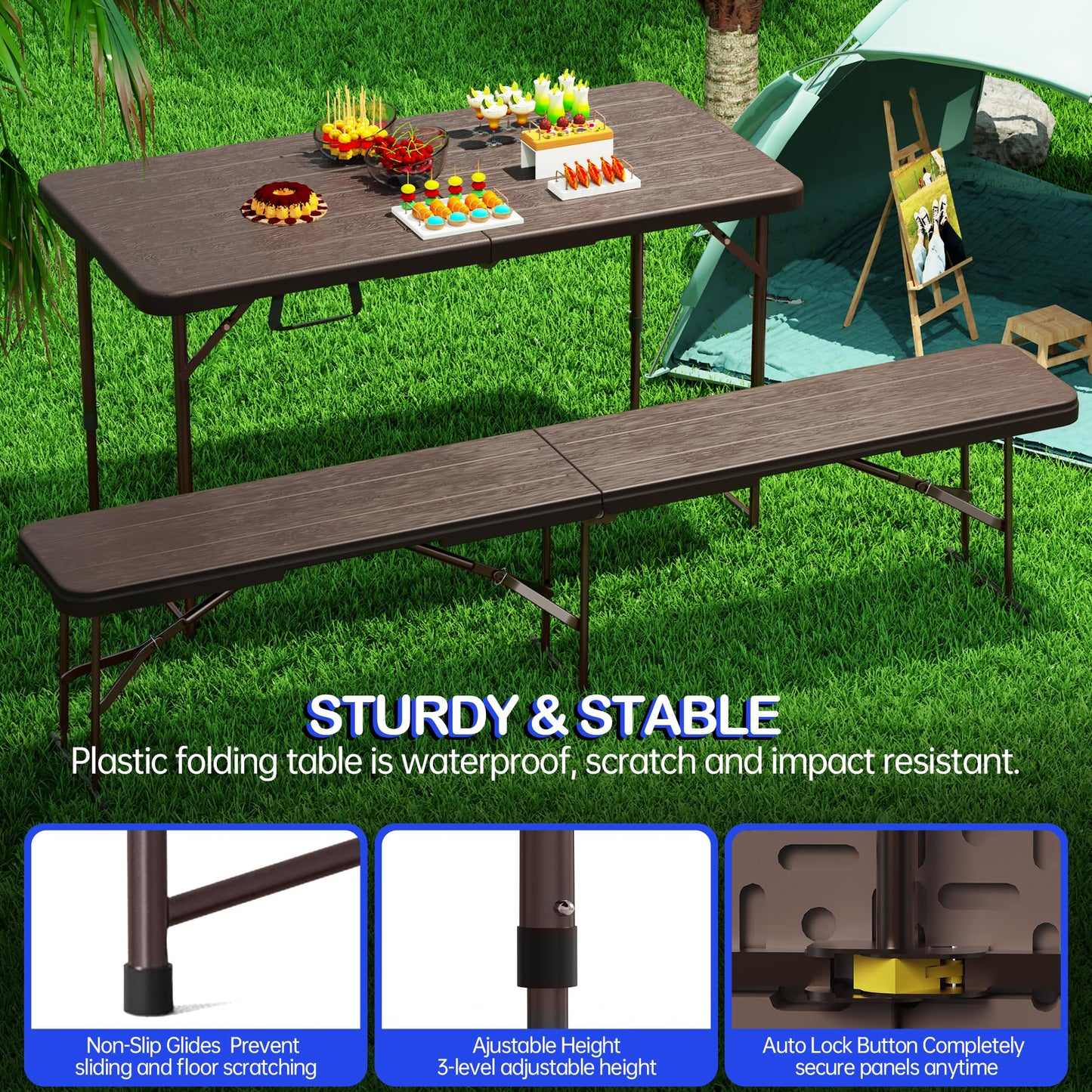 VSOAEIL Set of 2 Folding Table 4 Foot for Indoor Outdoor, Portable Heavy Duty Fold-in-Half Utility Small Plastic Adjustable Height Folding with Carrying Handle for Picnic and Party, 2 Pack Brown