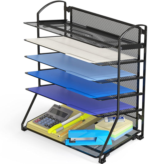 Simple Houseware 6-Tier Sliding File Organizer, Desk Letter Tray for Document and Mail Sorting, Black