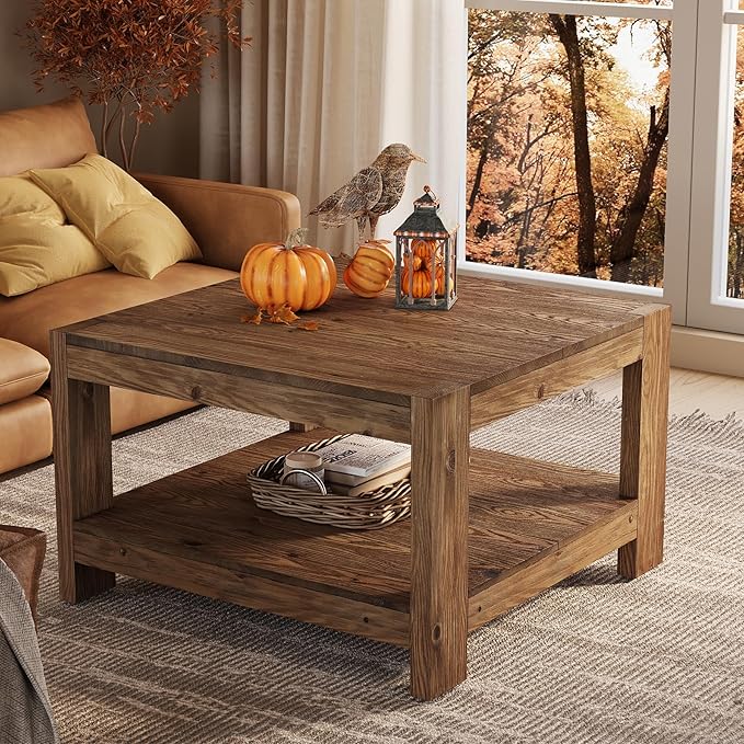 Solid Wood Coffee Table, 31.5" Square Farmhouse Center Table