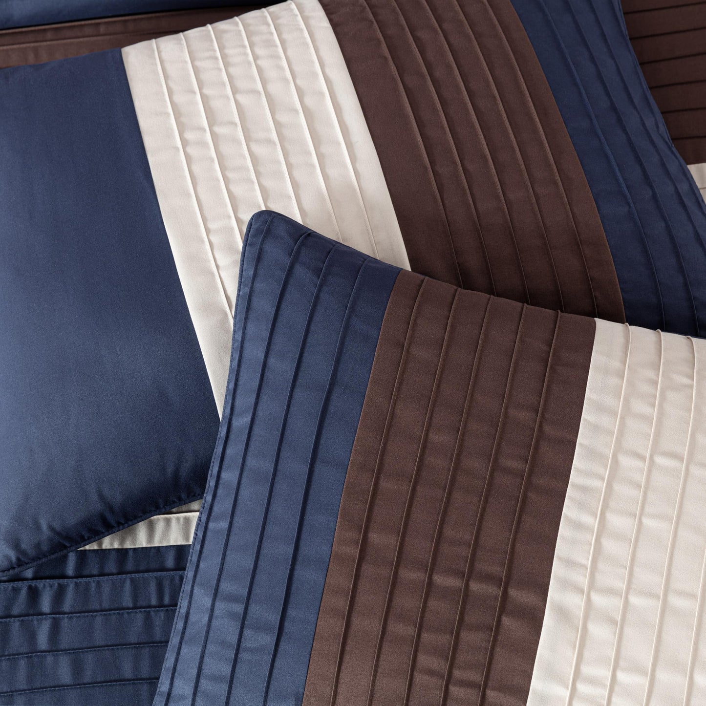 Chezmoi Collection Loft 8-Piece Oversized King Comforter Set, Midnight Blue/Brown/Coffee Cream Luxury Striped Bedding for All Season