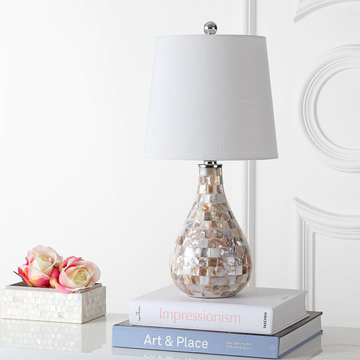 JONATHAN Y 20.5" Seashell Coastal Mini LED Table Lamp for Living Room Office, White Linen Drum Shade, Modern Mother of Pearl Bedside Nightstand Lamp, LED Bulb Included JYL1024A