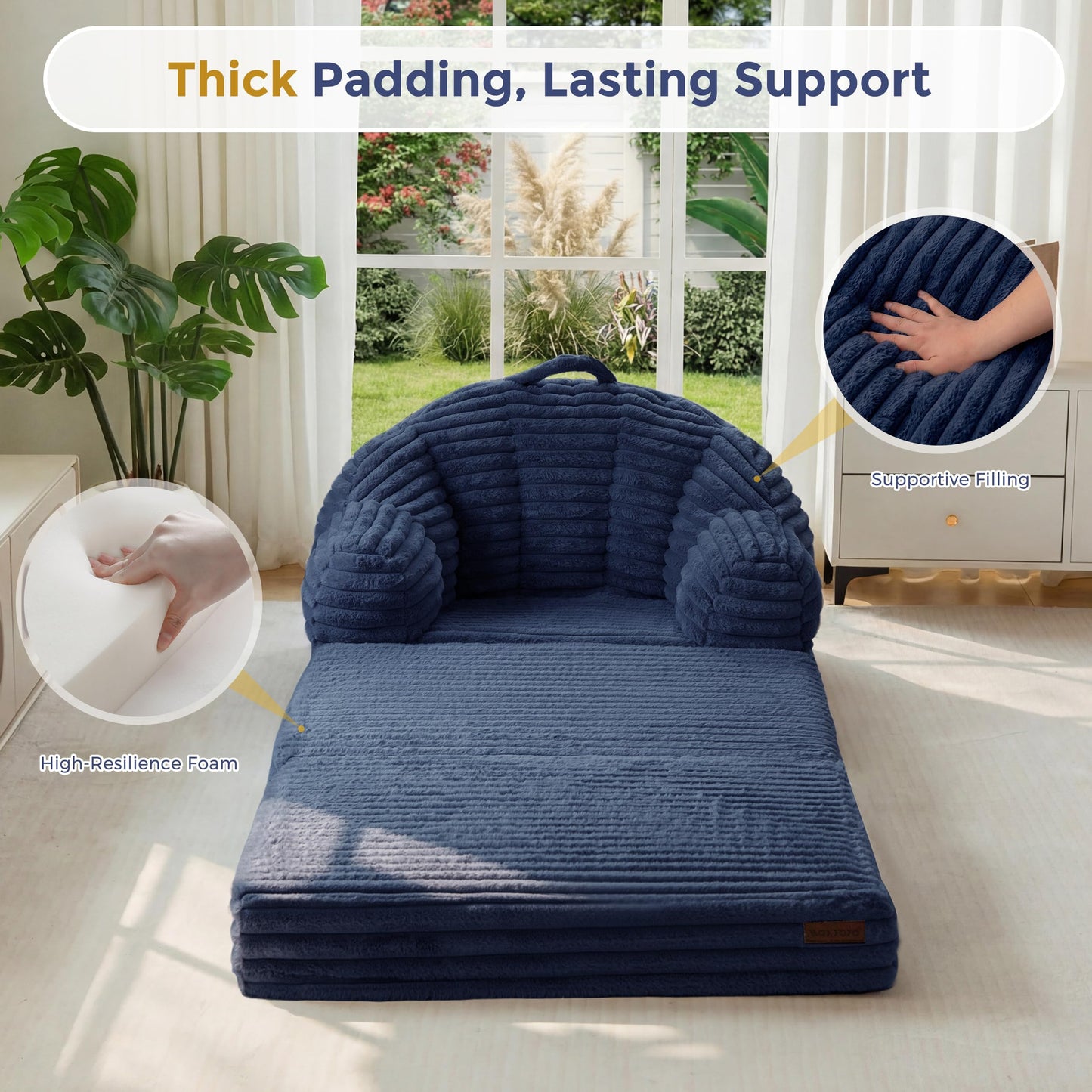 MAXYOYO Folding Sofa Bed, 2 in 1 Convertible Sofa to Lounger Comfy Faux Fur Bean Bag Chair for Adults, Floor Single Couch Chair with Handle, Couch Bed for Living Room Bedroom, Navy