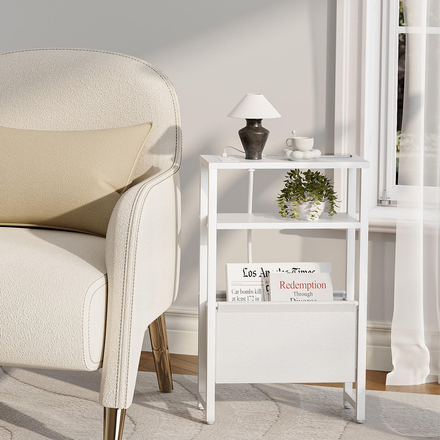 IRCPEN Narrow Side Table with Charging Station Slim End Table Sofa with Magazine Rack, Bedside Table for Small Spaces, 3 Tier Nightstand for Living Room Couch, Bedroom White LET503WE