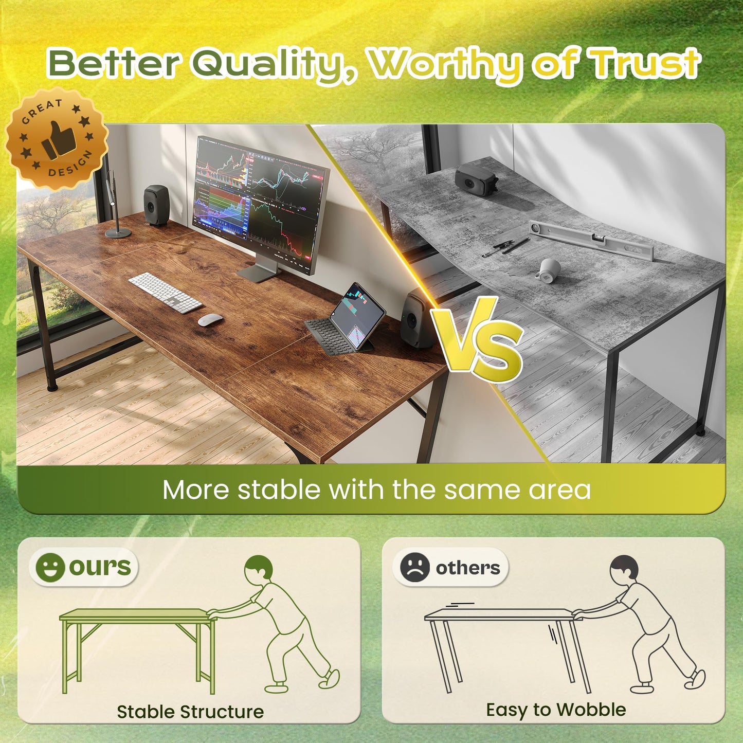 PRAISUN 47 Inch Computer Desk, Home Office Desk with Spacious Desktop, Modern Gaming Desk, Writing Study Table for Bedroom, Small Spaces, Work from Home Desk with Metal Frame, Rusitc Brown