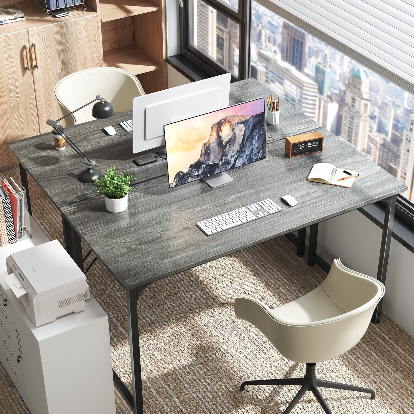 Huuger Computer Desk, 55 Inch Home Office Desk, Gaming Writing Work from Home Study Desk, Large Legroom, Sturdy Metal Frame, Modern Simple, Grey