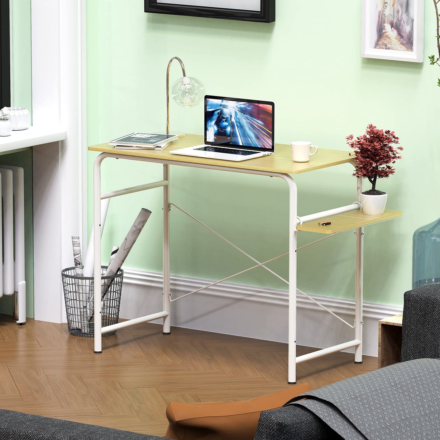 SHW Small Gaming Home Office Computer Desk with Shelf, Oak