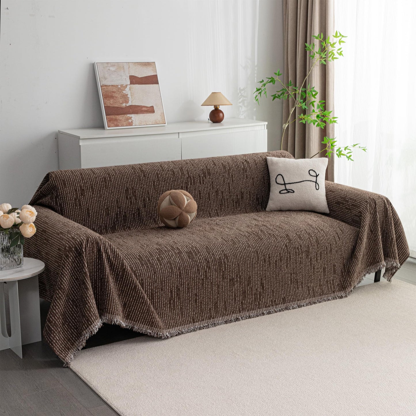 MYSKY HOME Loveseat Cover Deep Chocolate Couch Cover Sectional Couch Covers for 2 Cushion Couch Sofa Thick Universal Chenille Sofa Cover with Tassel Durable Furniture Protector for Dogs 91" x 118"
