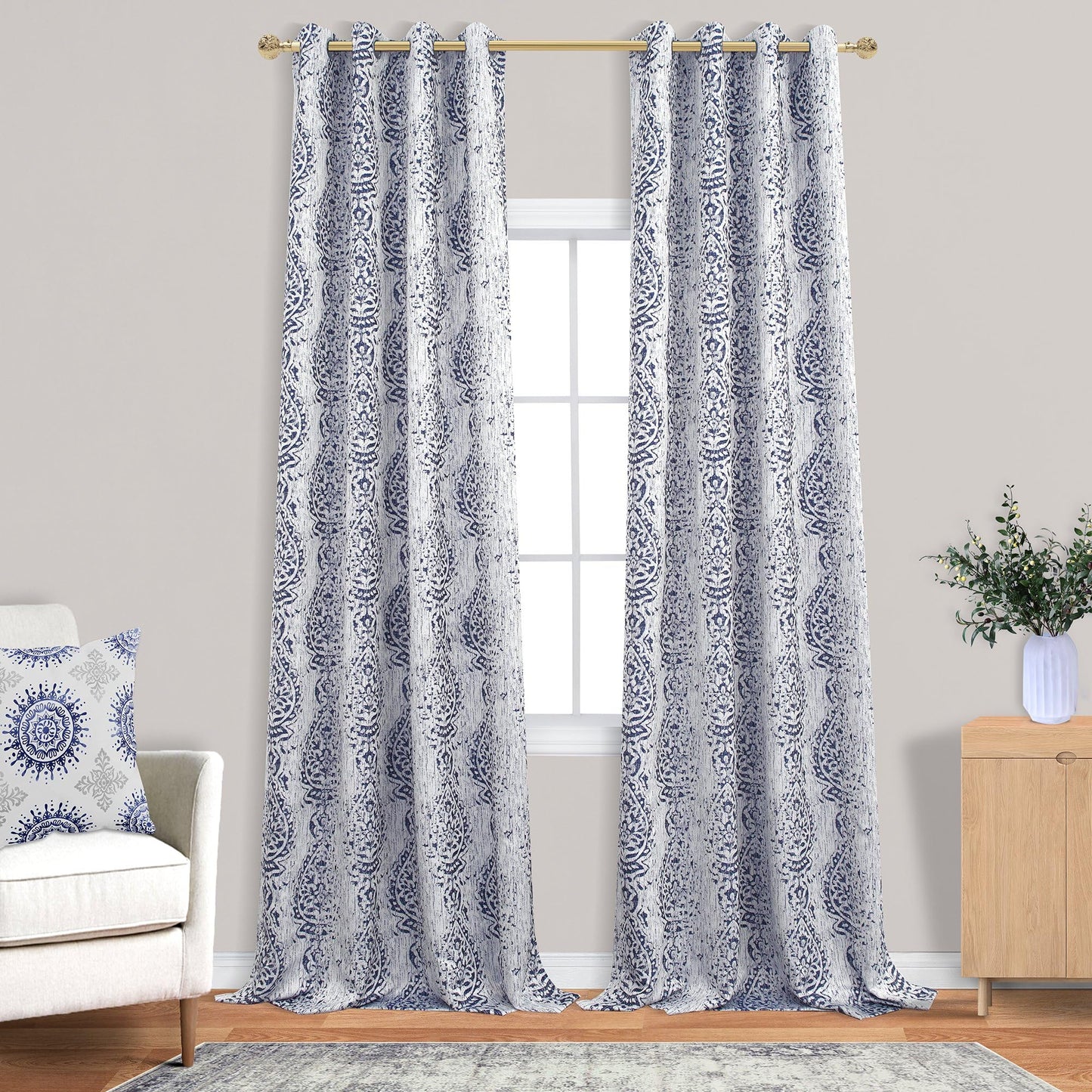 Mrs.Naturall 108 Inch Farmhouse Blackout Curtains, 9FT Damask Jacquard Luxury Grommet Drapes for Living Room Bedroom, 2 Panels Set, 9 FT Length 52'' L x 108'' W, Navy Blue