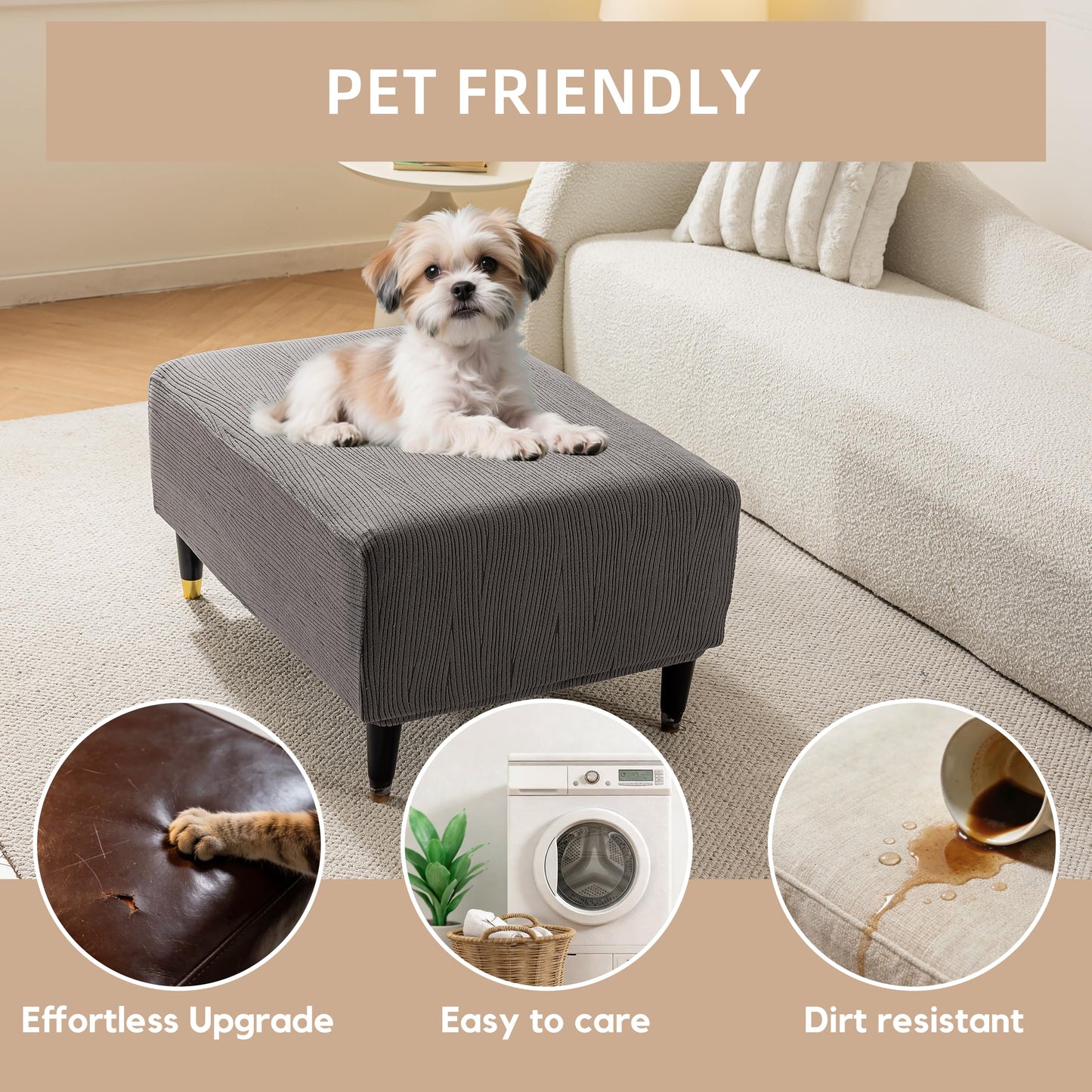 KaviKon Ottoman Cover Slipcover Rectangle Fit Length 25"-30" Stretch Foot Stool Slip Cover, Footrest Slipcovers Protector with Elastic Band, Ottoman Cover Removable Washable(Small,Slanted Rib Grey)