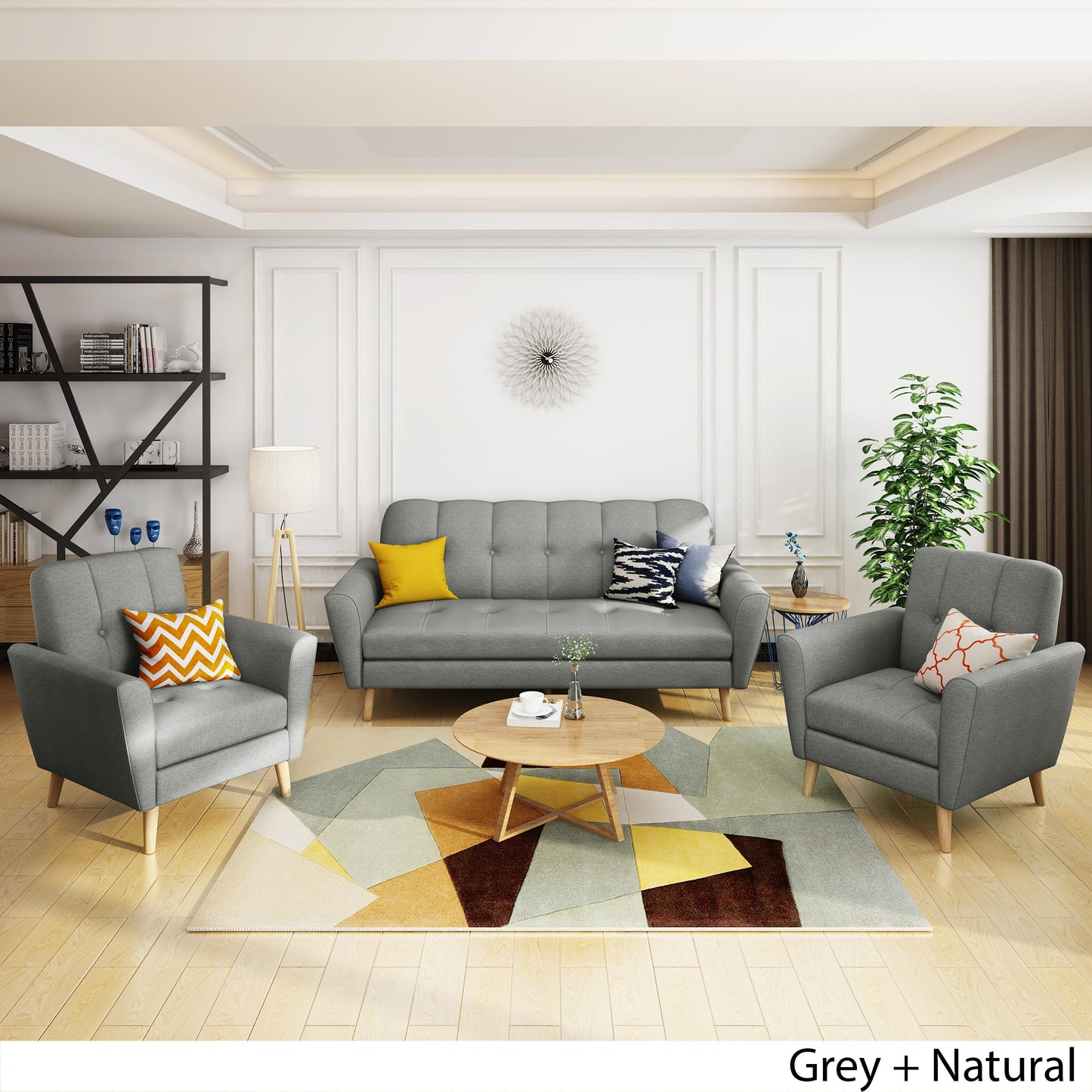 Christopher Knight Home Treston Mid-Century Fabric Sofa Chat Set, 3-Pcs Set, Grey / Natural
