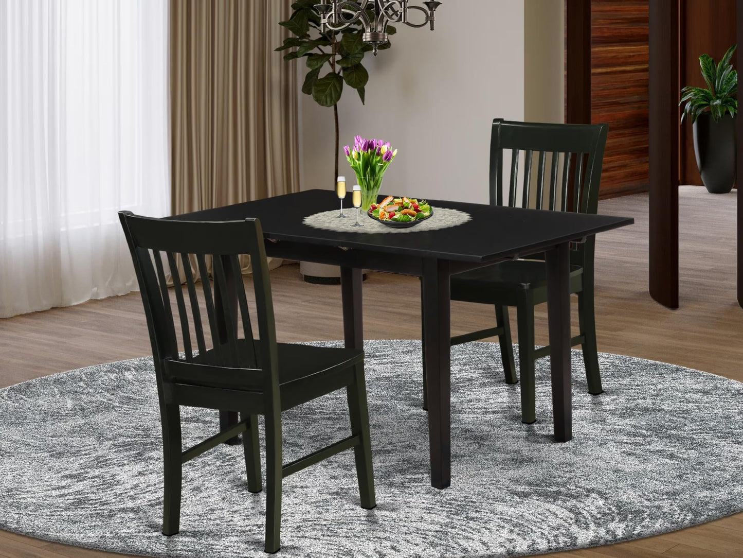 East West Furniture NOFK3-BLK-W 3 Piece Dining Set Contains a Rectangle Dining Table with Butterfly Leaf and 2 Kitchen Chairs, 32x54 Inch, Black
