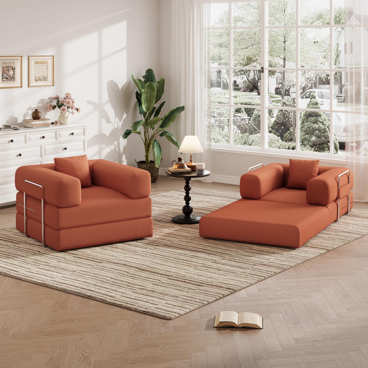 Single Couch Sofa for Small Spaces 2 in 1 Convertible Sofa to Lounger Comfy Bean Bag Chair for Adults with Removable Cover with Pillows for Bedroom, Apartment, Office (Orange, 35.43" Single Sofa)