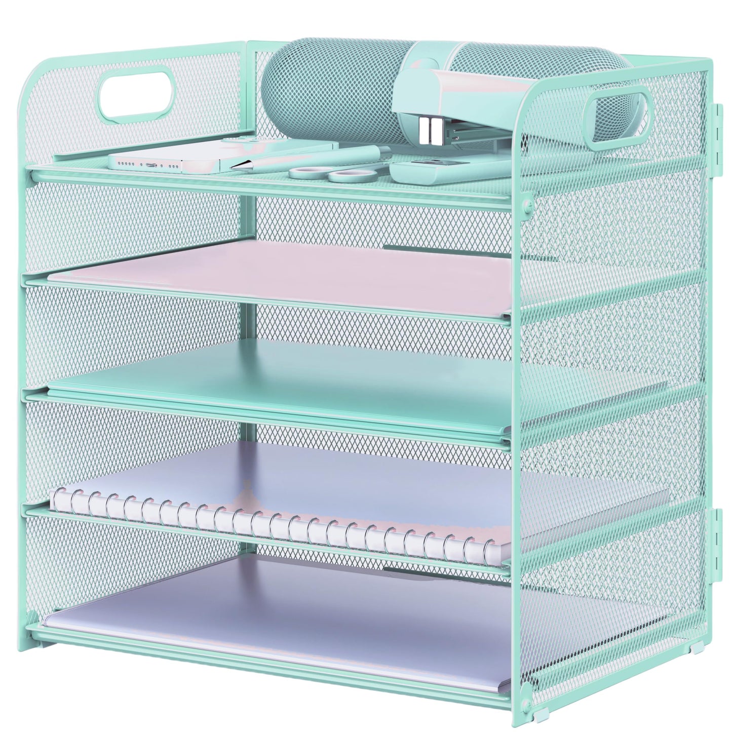Letter Tray Paper Organizer 5-Tier Desk Organizer File Organizer Paper Holder with Handle, Metal Desktop Document Shelf Tray Office Classroom Organization - Blue