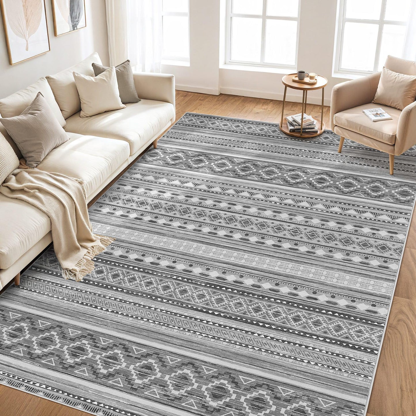 cotiled 5x7 Area Rugs Living Room Rug: Washable Boho Rugs with Non Slip Backing Large Soft Indoor Stain Resistant Carpet for Bedroom Farmhouse Dining Room Lightweight Home Decor Beige Grey