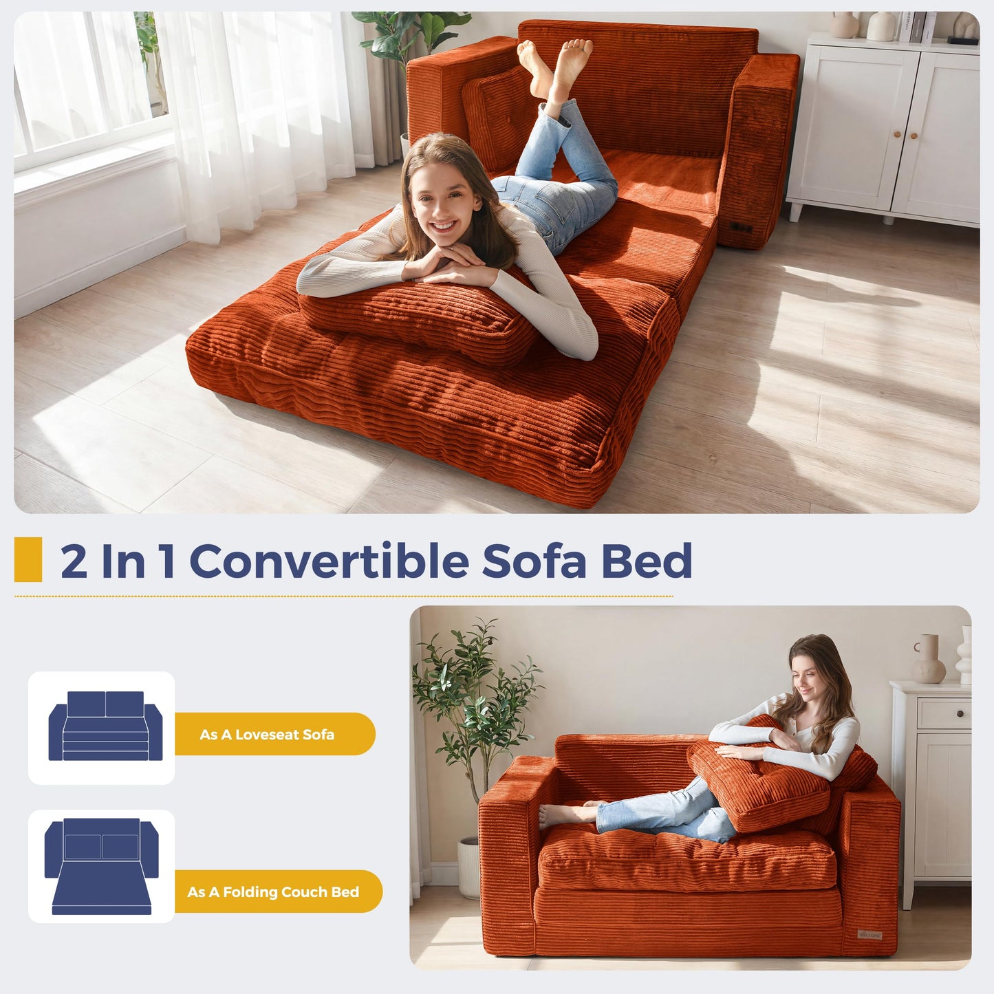 MAXYOYO Convertible Sofa Bed, Pull Out Loveseat Sofa Couch, 2 in 1 Folding Couch Bed, Fold Out Floor Couch with Pillows for Living Room Bedroom Lounge