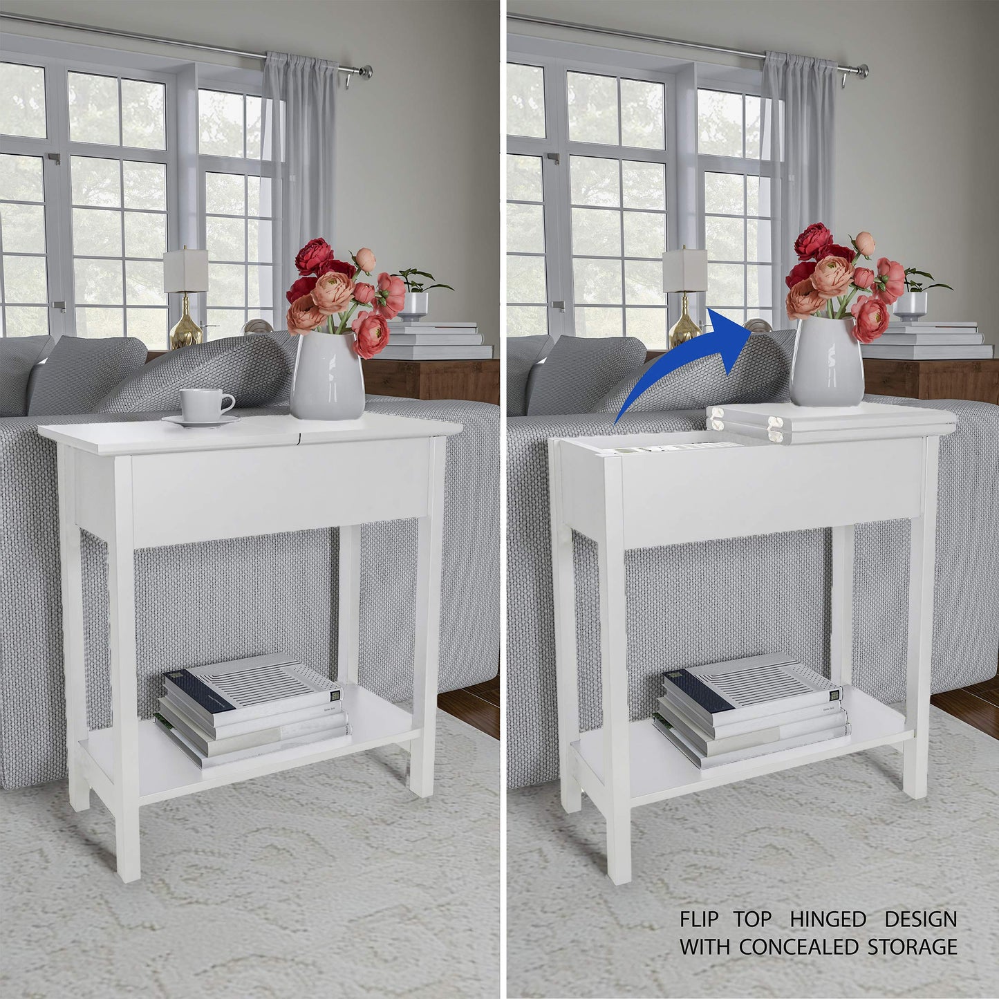 Flip Top Console Table – Set of 2 White End Tables with Hidden Hinged Storage Compartment and Lower Shelf for Living Room or Bedroom by Lavish Home