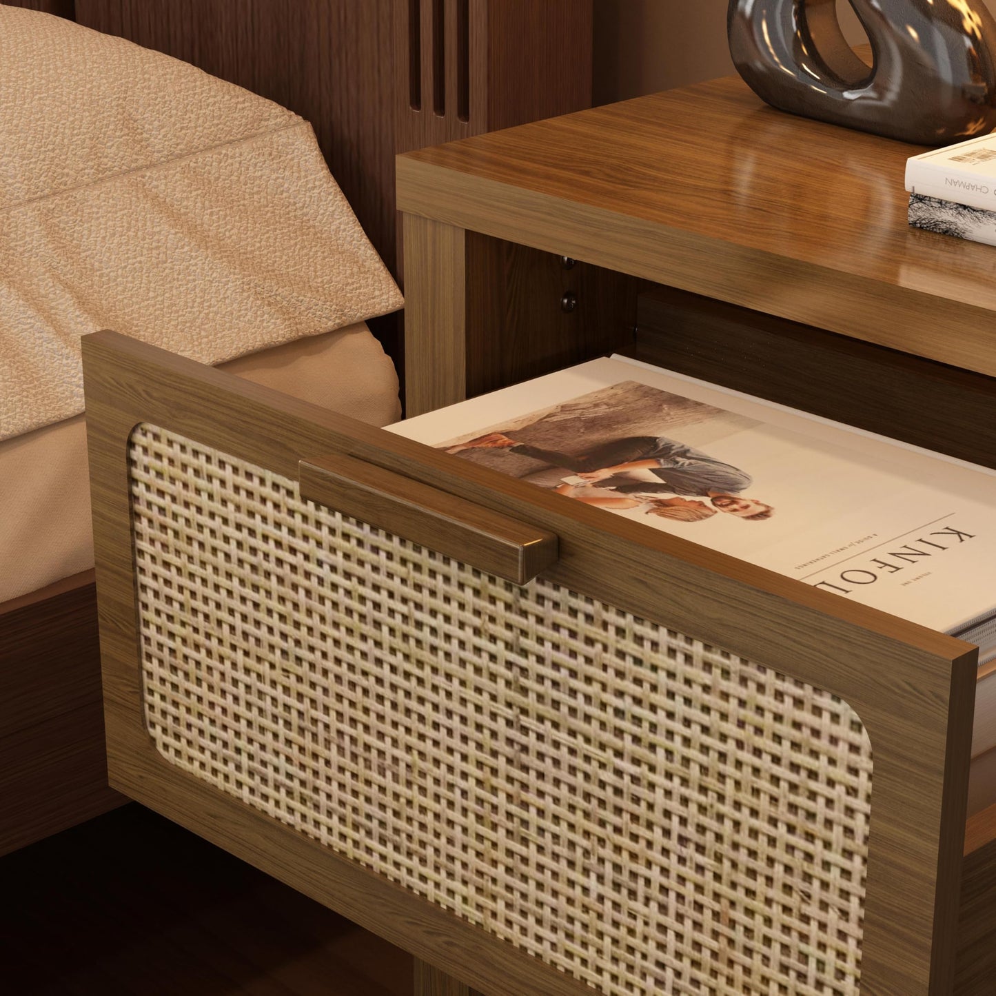 YAUKOMEL Rattan Nightstand, Mid Century Modern Bedside Table with Opening Storage,Large Side Table with Drawer,Boho Night Stand,Wooden End Table,Handmade Solid Wood Handle,Walnut CTG65BR