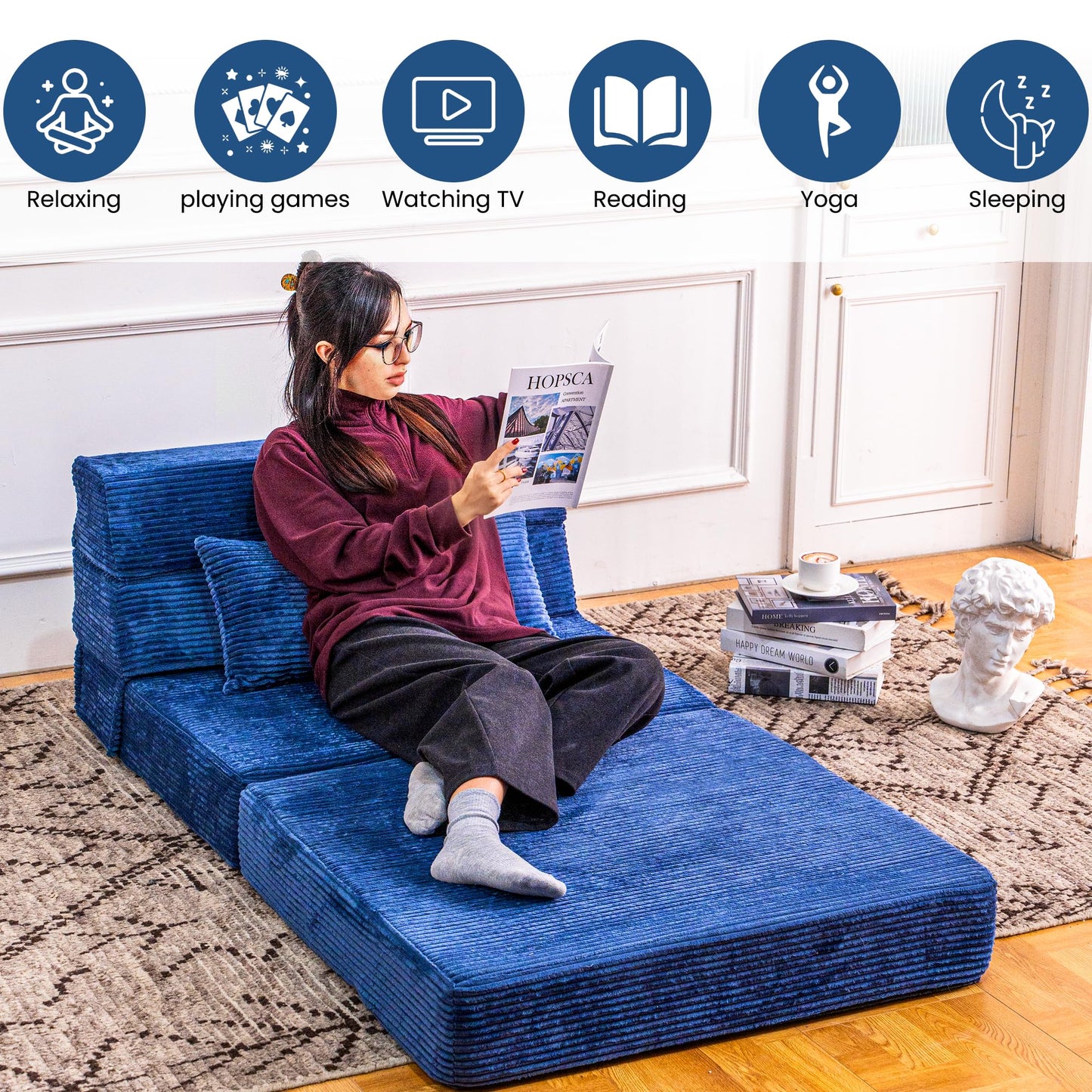 Cvortll Folding Sofa Bed, Convertible Sleeper Chair with Pillow, High Density Memory Foam Fold Out Couch, Foldable Mattress Futon Sofa for Living Room/Dorm/Guest Use/Apartment/Home Office