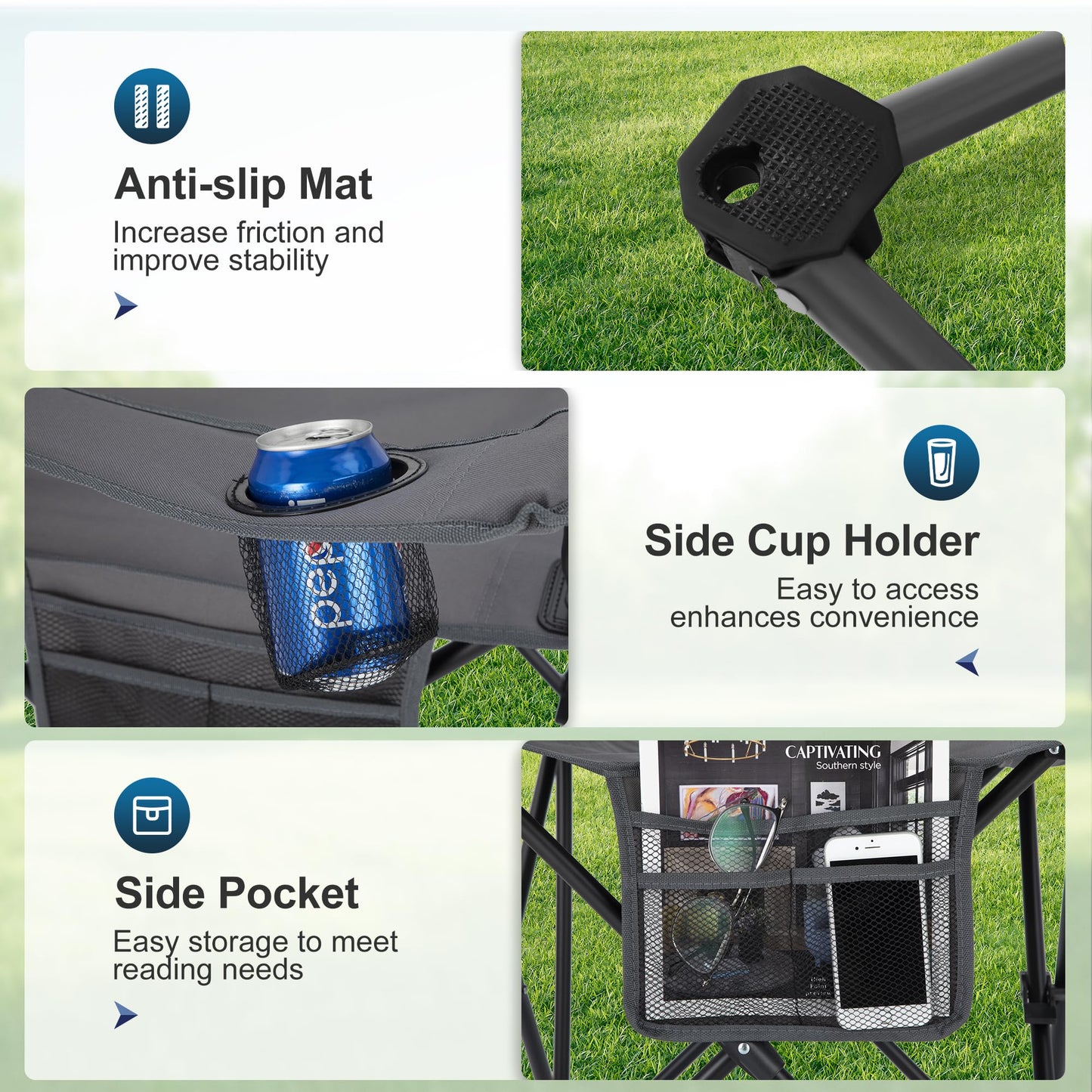 LET'S CAMP Camping Chair 2 Pack Folding Chair with 4-Can Cooler Bag Portable Lawn Chair with Cup Holder,Storage Pocket, Supports 250LBS, Collapsible Chair for Camp, Beach, Picnic (Grey)