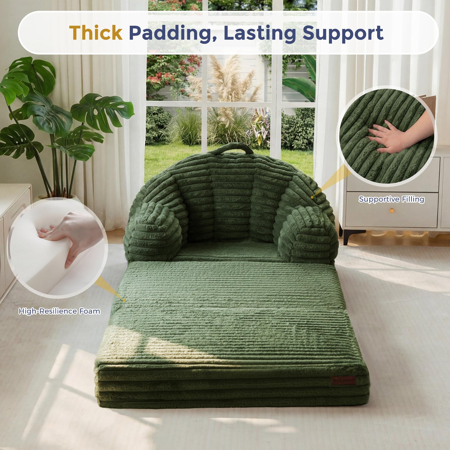 MAXYOYO Folding Sofa Bed, 2 in 1 Convertible Sofa to Lounger Comfy Faux Fur Bean Bag Chair for Adults, Floor Single Couch Chair with Handle, Couch Bed for Living Room Bedroom, Dark Green