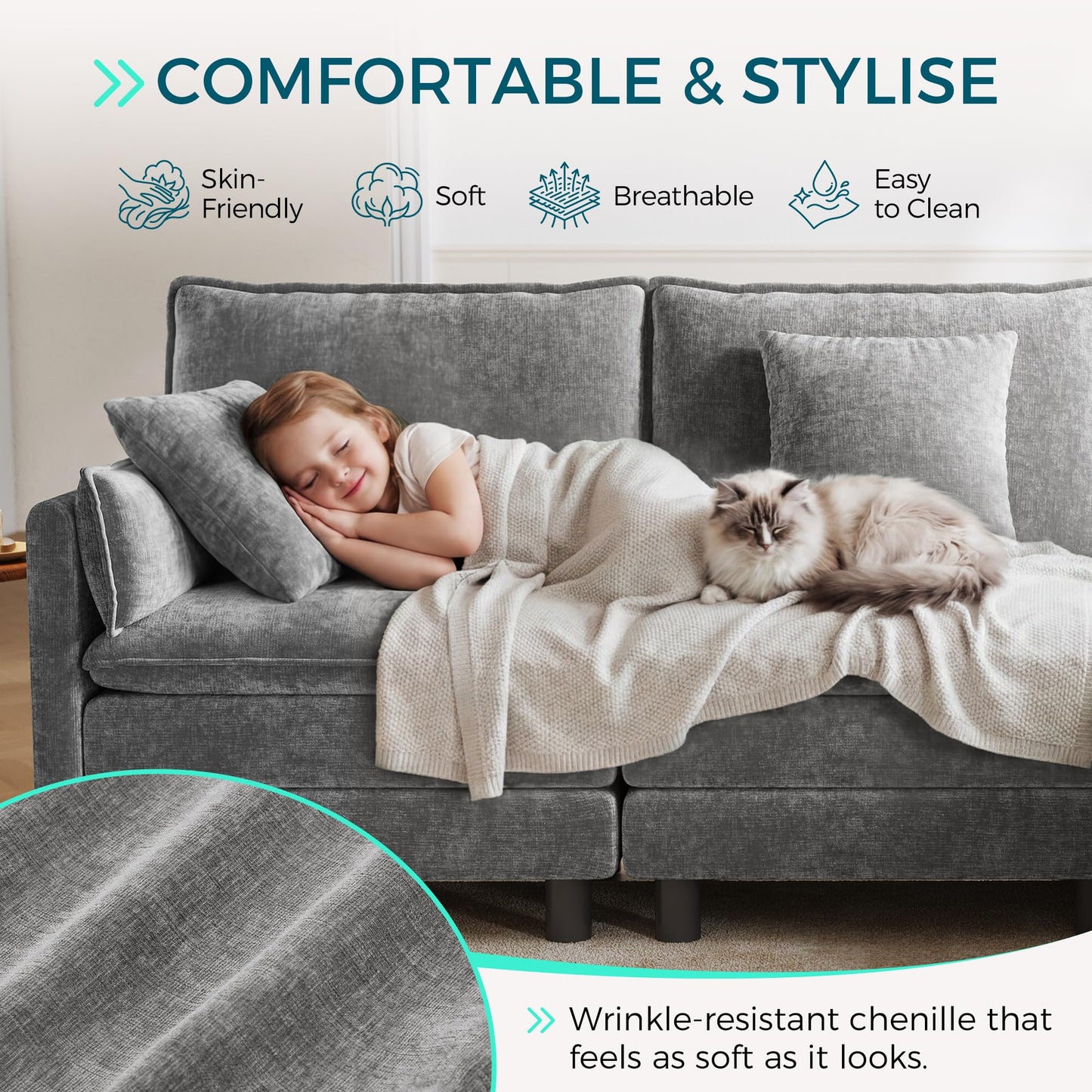 LINSY HOME 98'' Modular Sectional Sofa 3 Seat Couch Chenille Cloud Couch with Deep Seat, L Shaped Couch with 1 Movable Ottoman for Living Room, Office, Bedroom, Grey(Pillows Included)
