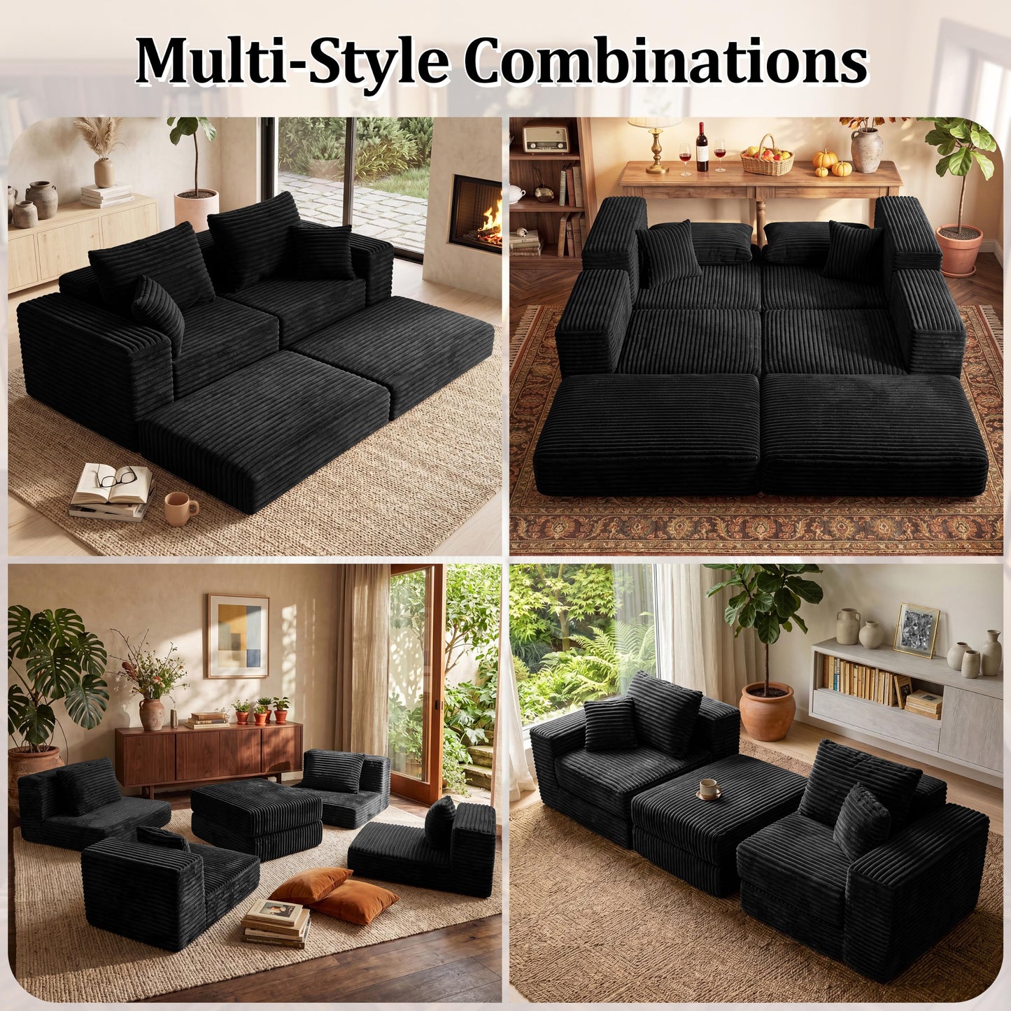 75'' L-Shaped Cloud Modular Sectional Couch with Chaise, Modern Corduroy Memory Foam Sofa Bed, Upholstered Boneless Deep Seat Fluffy Sleeper Sofa, for Living Room, No Assembly Needed (Black)