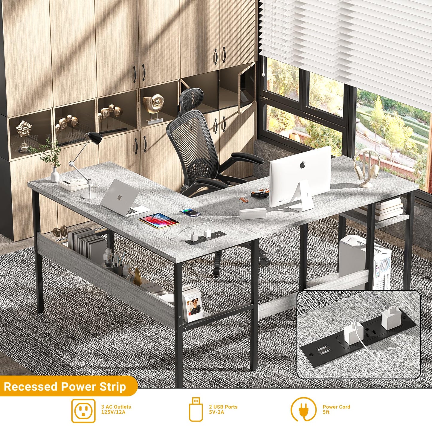 Unikito L Shaped Computer Desk with Magic Power Outlets and USB Charging Ports, Sturdy Reversible Corner Desk with Storage Shelves, Modern Work Desk for Home Office, Easy to Assemble, White Oak