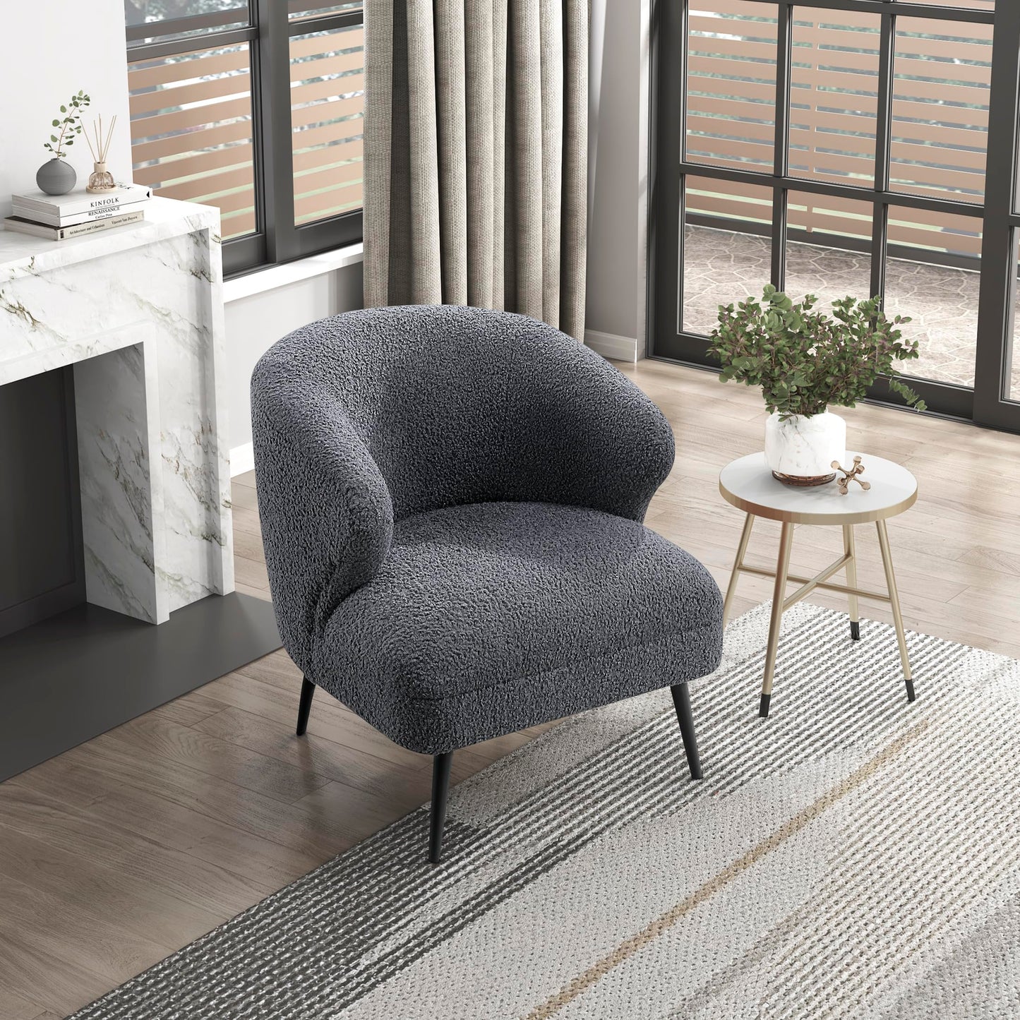 Lexicon Modern Accent Chair, Boucle Fabric Upholstered Single Sofa Chair with Curved Back for Living Room/Bedroom/Office/Apartment, Dark Gray