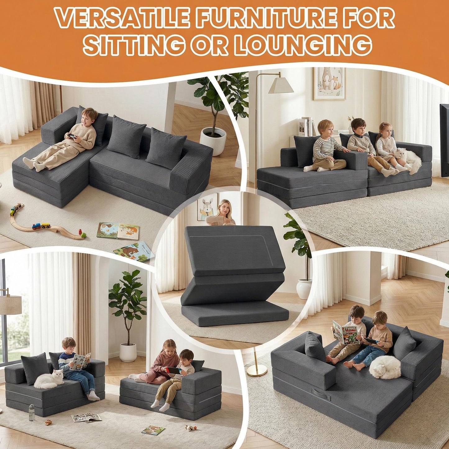 Boneless Couch Small,Convertible Sleeper Sofa Bed, Modular Sectional Sofa, Modern Tri-Folding Cloud Couch with L-Shape Chaise, Corduroy Futon Couches for Small Spaces Apartment,No Assembly