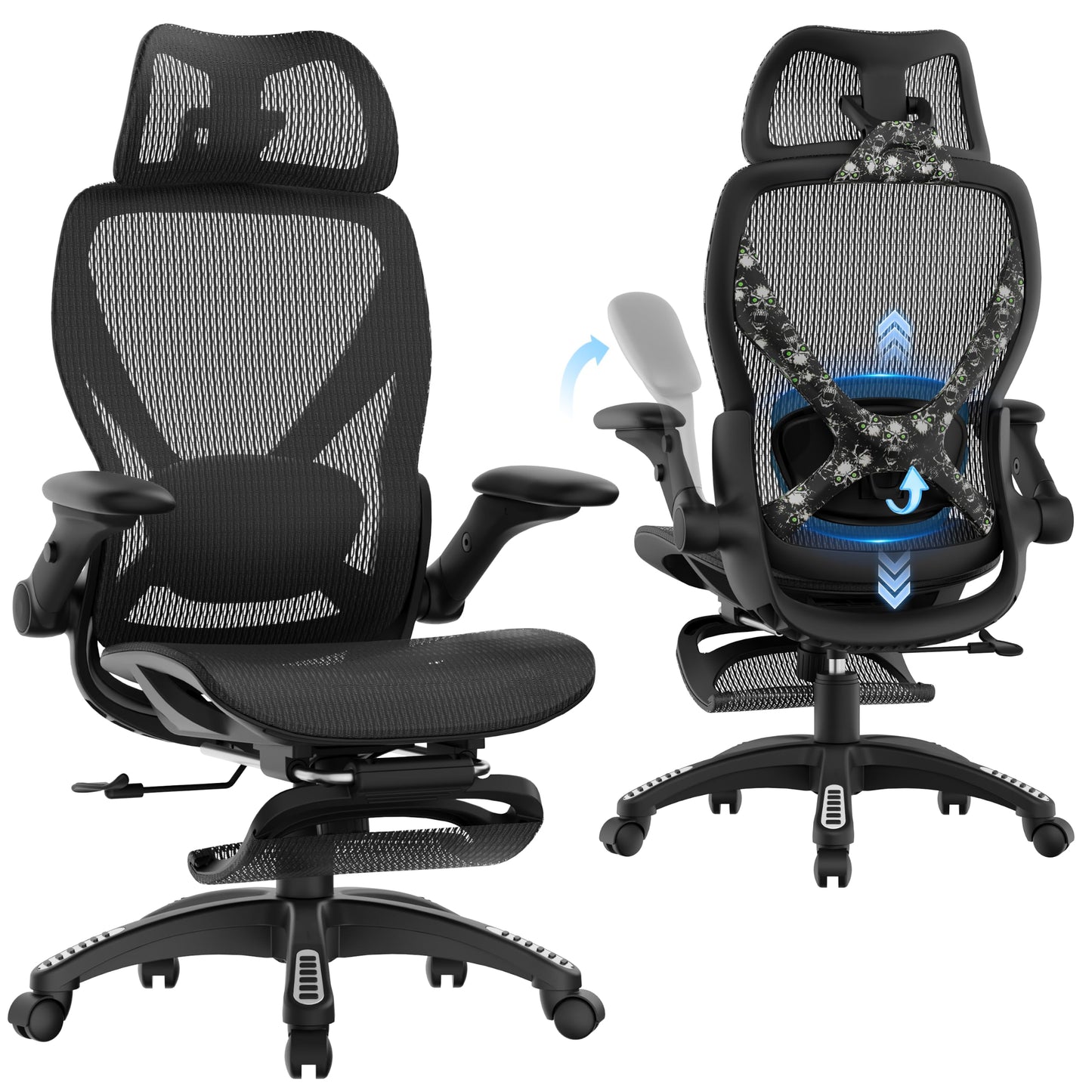 ELABEST X100 Ergonomic Mesh Office Chair with Footrest, Big and Tall Home Desk Chair with 5D Flip-Up Arms, Adjustable 3D Lumbar Support, Gaming & Executive Computer Chair, Night Reaper