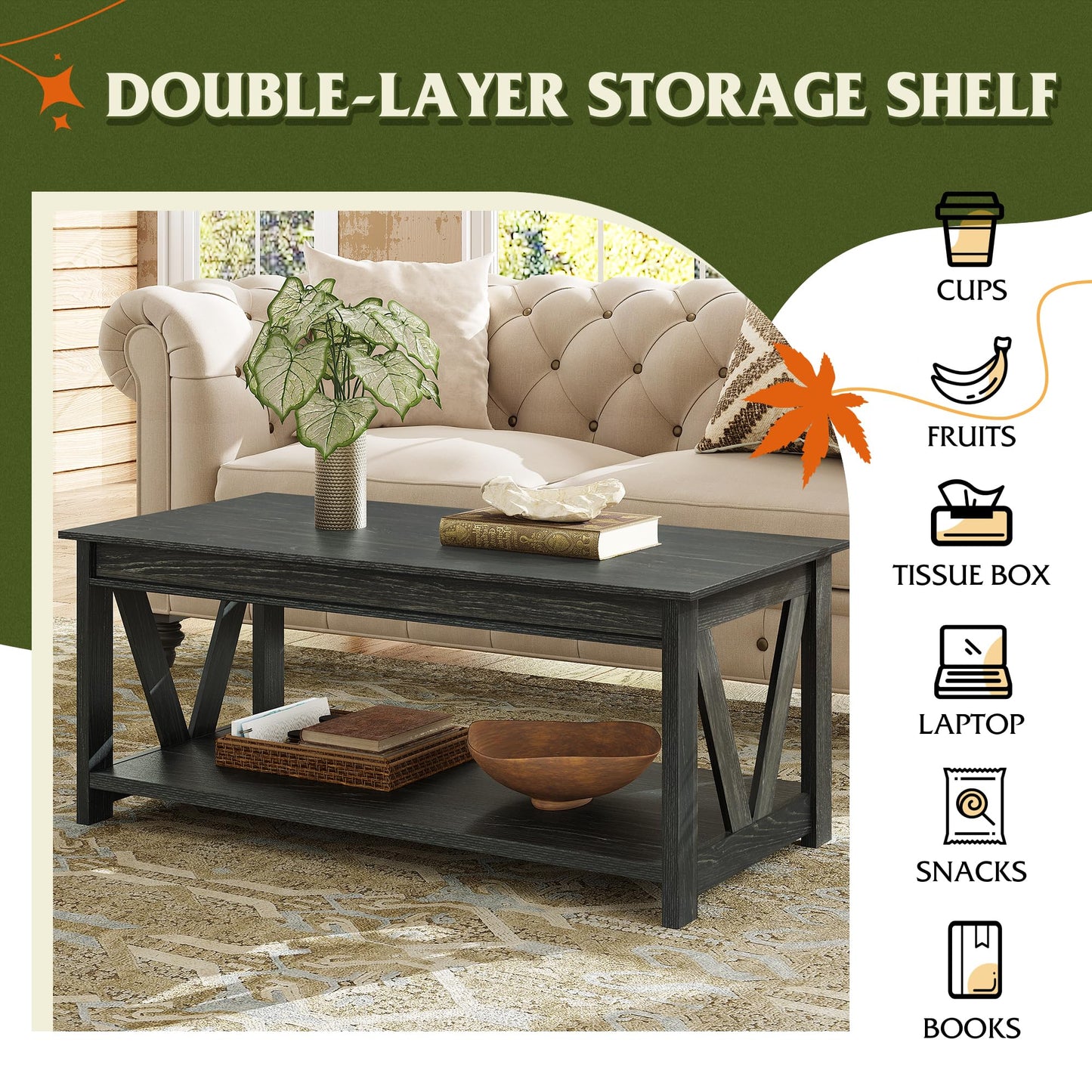 WLIVE Coffee Table, 43" Farmhouse Coffee Table with Storage Shelf & Sturdy V-Shaped Support, Wood Center Table for Living Room, Bedroom, Office and Balcony, Black