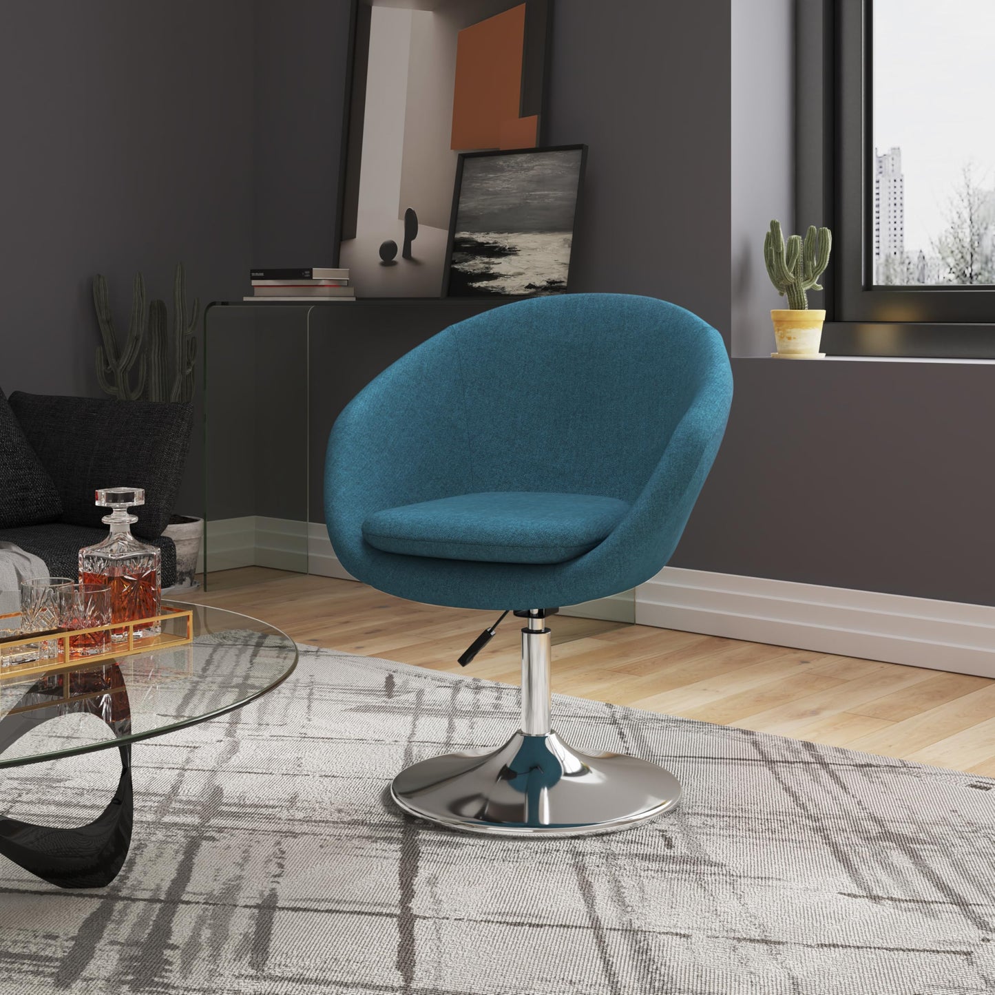 Manhattan Comfort Hopper Adjustable Swivel Accent Chair with 360° Turn, Upholstered Seat, Polished Chrome Base, Modern Bowl Design for Home Office and Living Room, Sky Blue