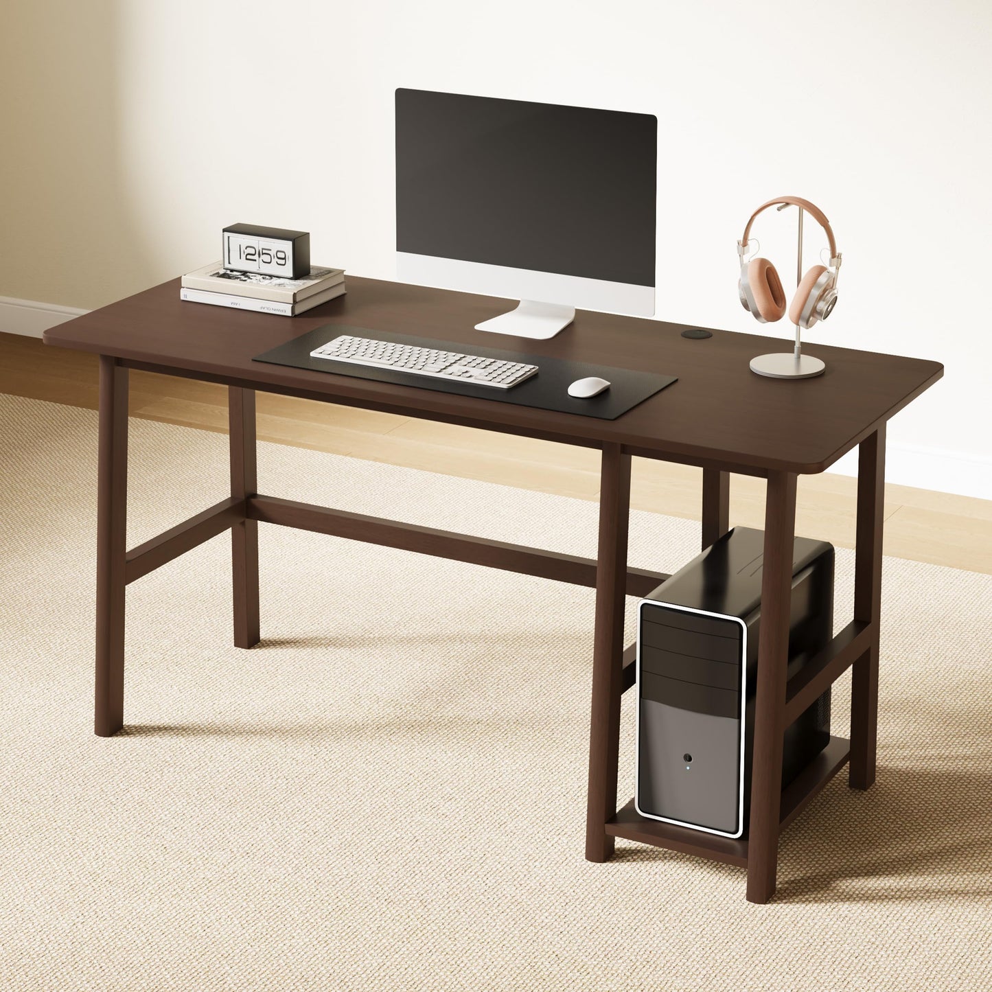 NELYE Solid Wood Computer Desk - 52" W x 24" D Modern Minimalist Table with Shelf，Sturdy Computer Workstation for Home Office, Oak