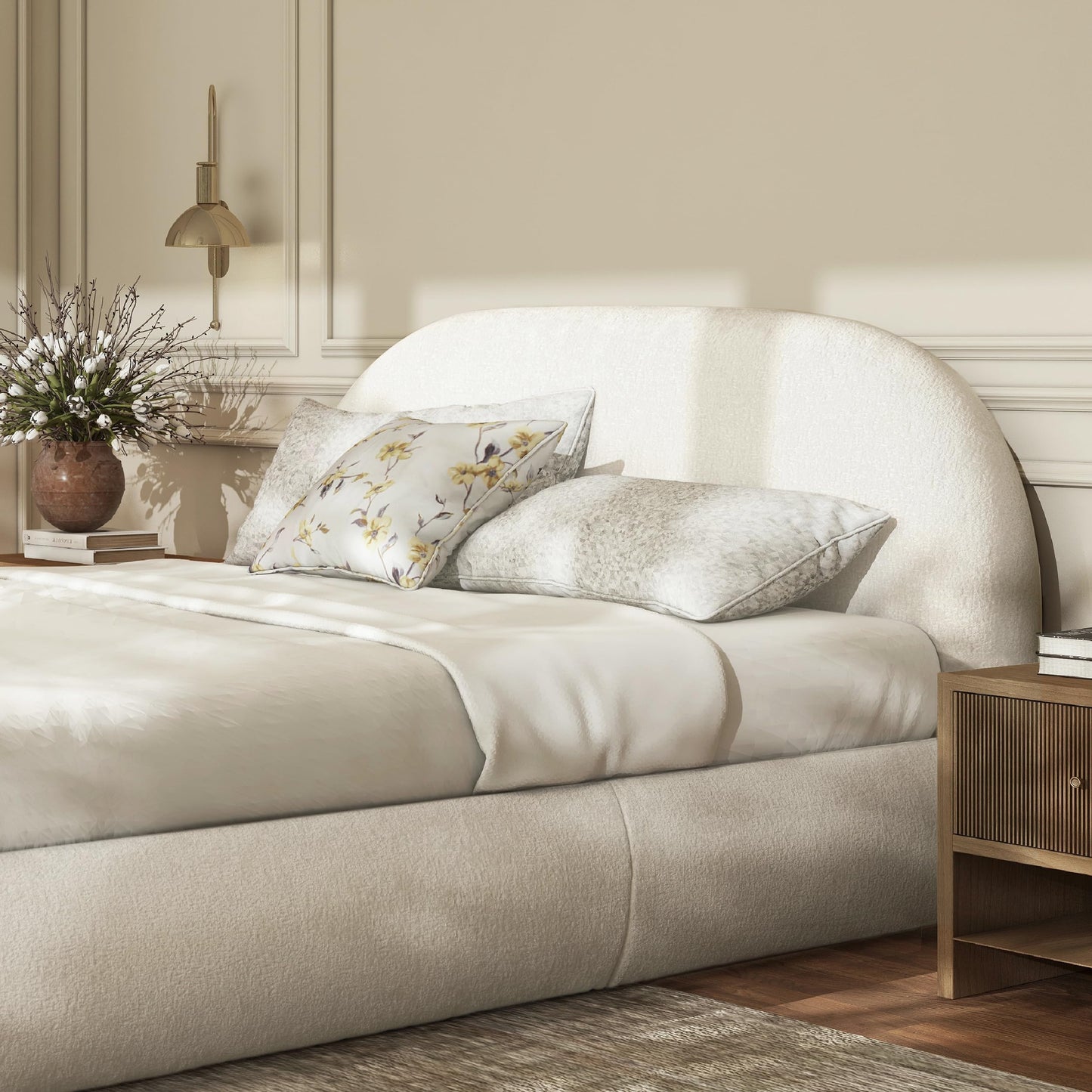 KOYVRY Grounded Bed Frame - Chenille White Bed Frames with Arch-Shaped Headboard and Wooden Slat Support, Upholstered Platform Bed for Bedroom, No Box Spring Required (Queen)