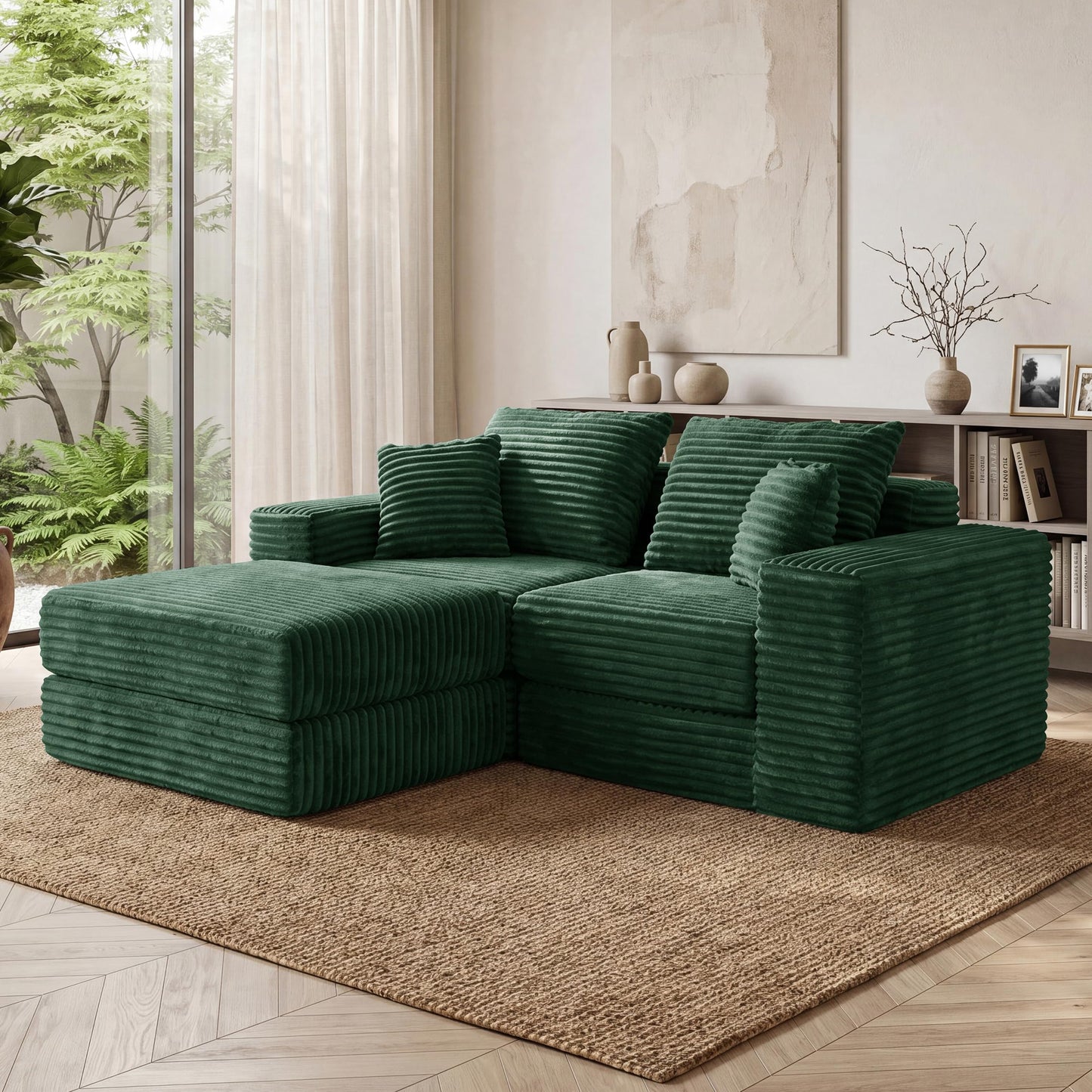 75'' L-Shaped Cloud Modular Sectional Couch with Chaise, Modern Corduroy Memory Foam Sofa Bed, Upholstered Boneless Deep Seat Fluffy Sleeper Sofa, for Living Room, No Assembly Needed (Green)